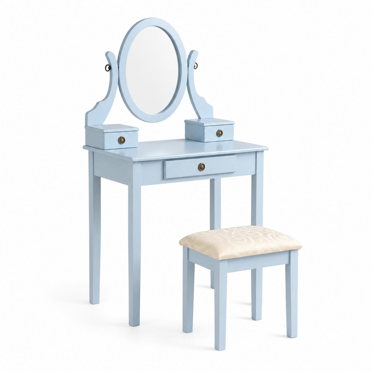 Toeletta in Legno con Specchio Ovale e Sgabello Azzurro