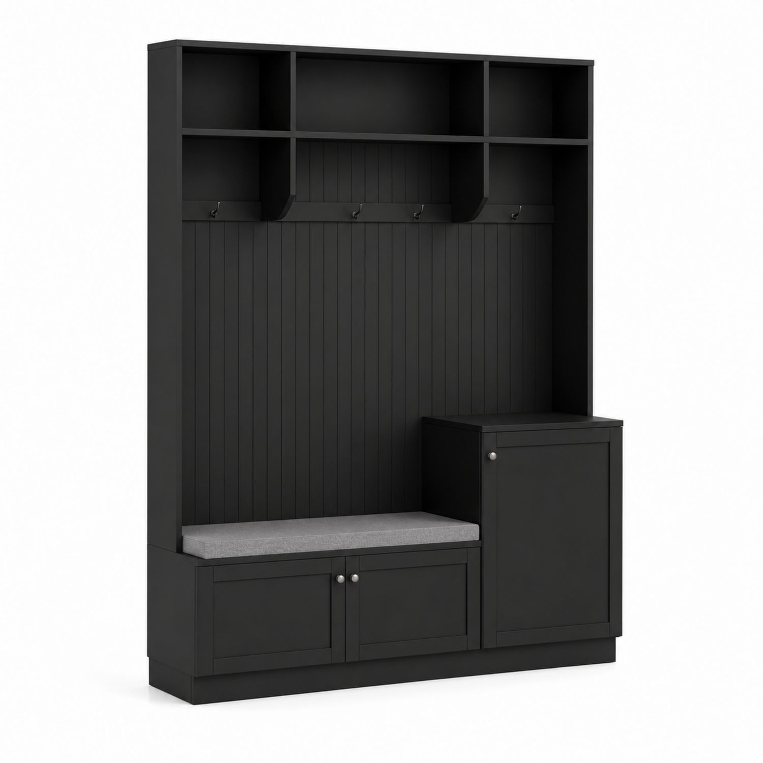 Mobile ingresso in legno nero con scaffali e cuscino in tessuto grigio