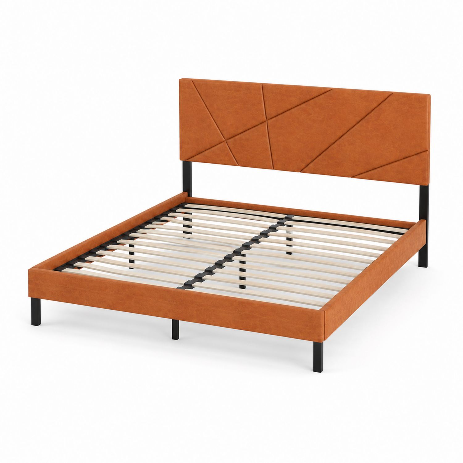 Letto matrimoniale in ecopelle marrone con testiera geometrica e struttura in metallo