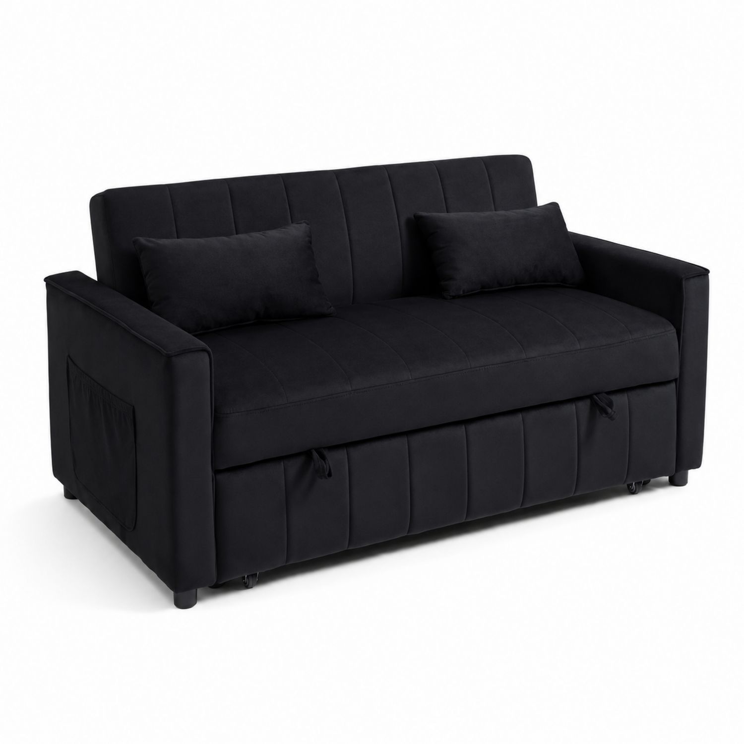 Divano letto in velluto nero con cuscini