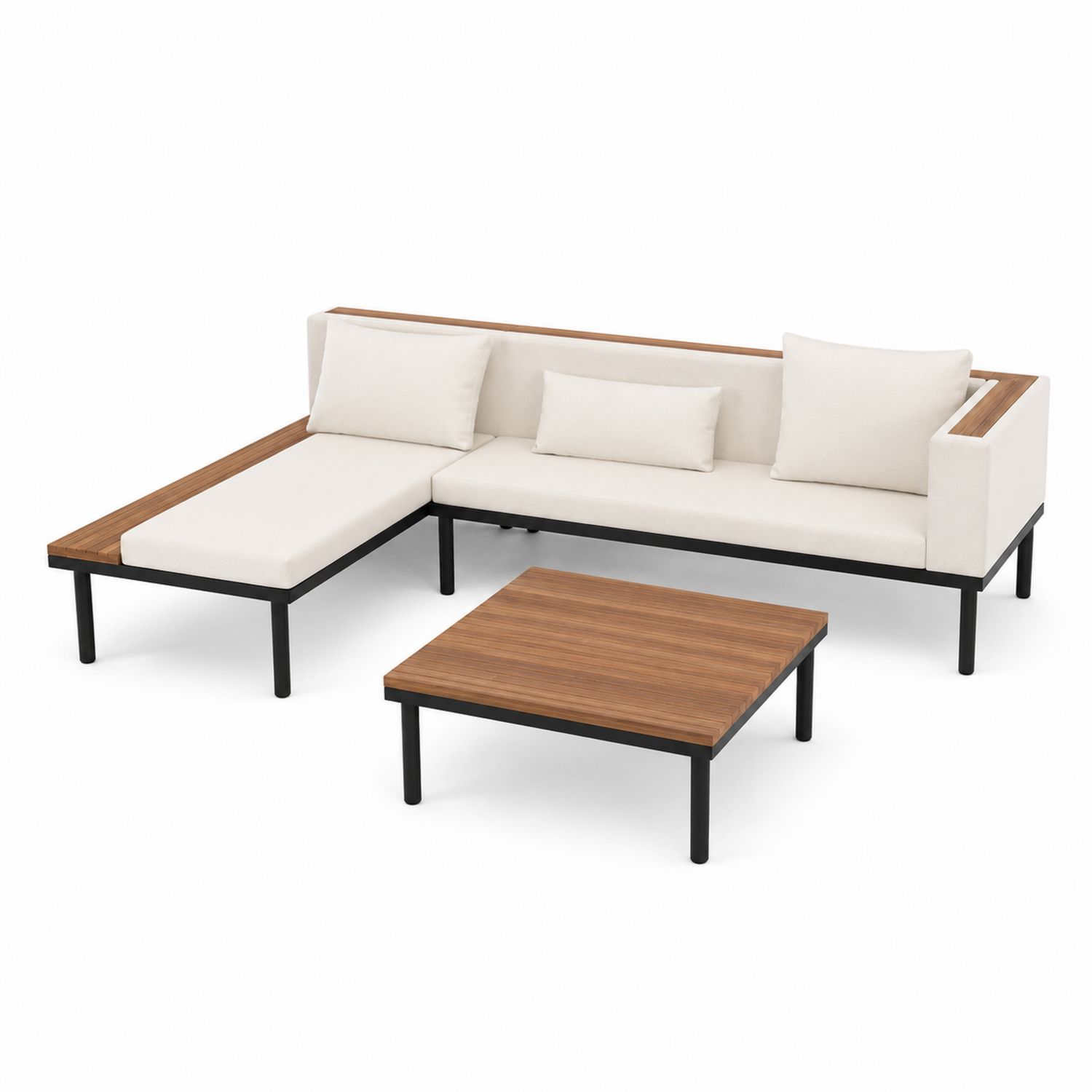 Divano angolare in metallo e legno con tavolo, Beige Chiaro