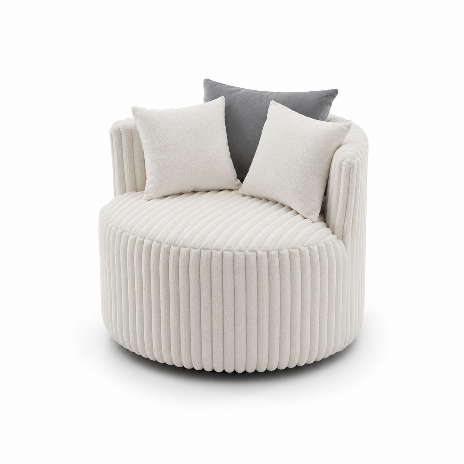 Poltrona rotonda in velluto con cuscini bianco crema e grigi 90 cm