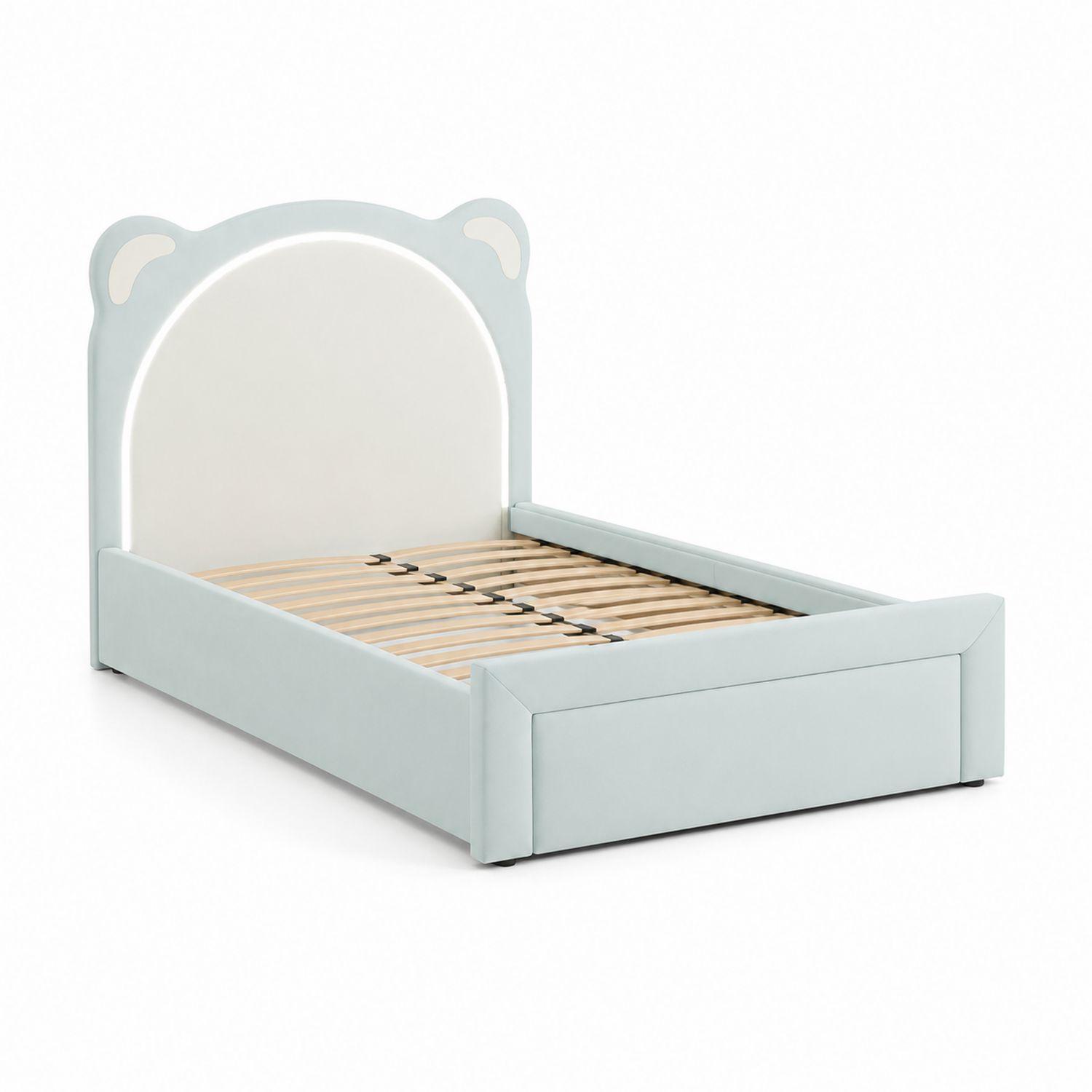 Letto singolo bambini con testiera in legno e tessuto