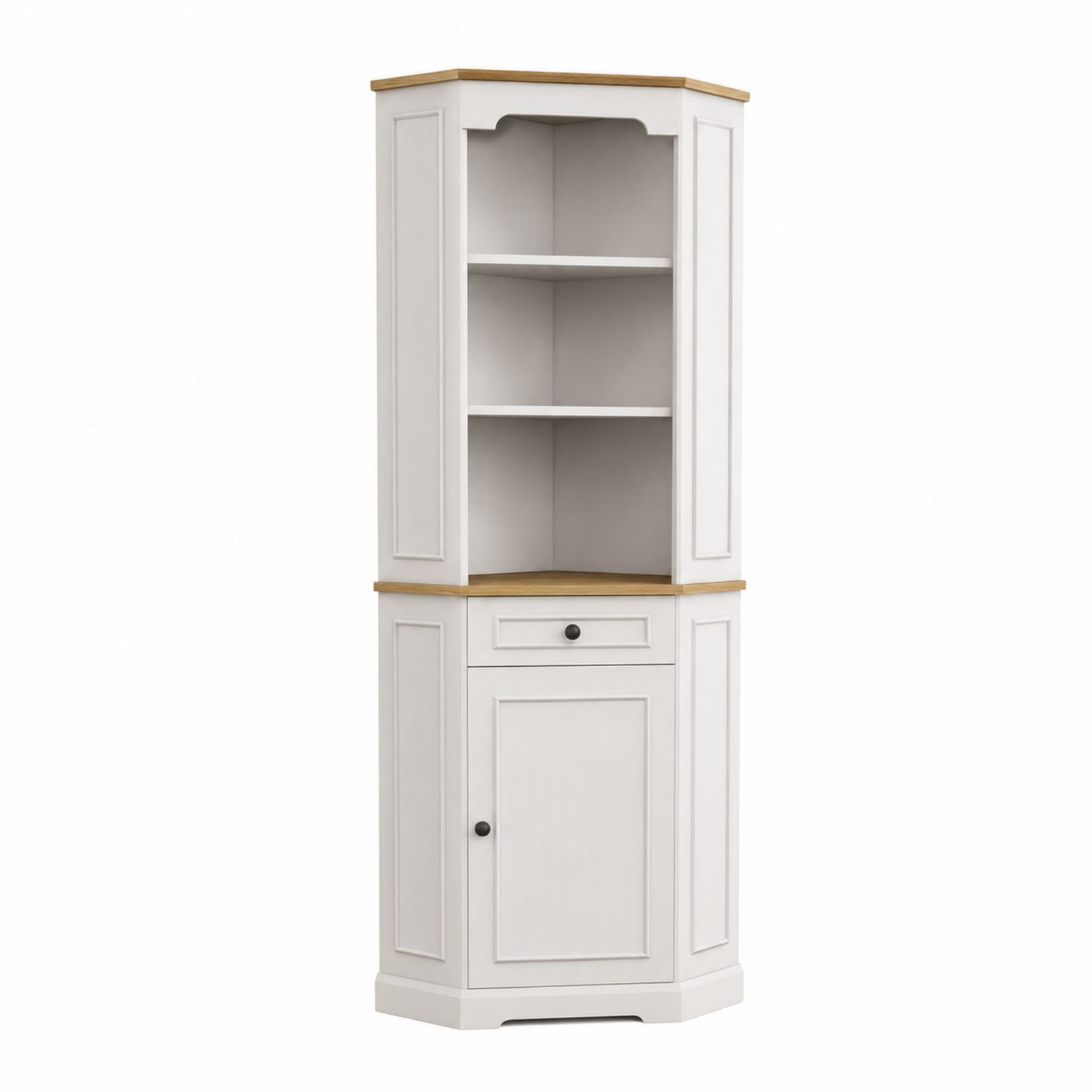 Angoliera in Legno MDF Bianco e Naturale con Ripiani