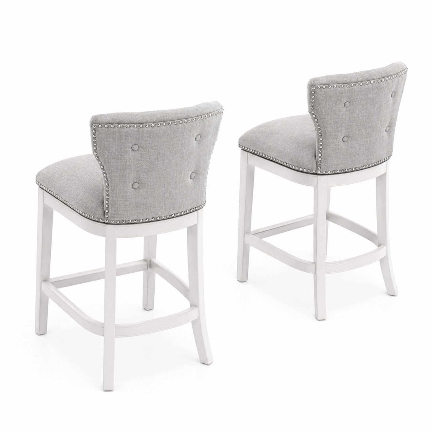 Set di 2 sgabelli da bar in legno e tessuto con borchie, Grigio