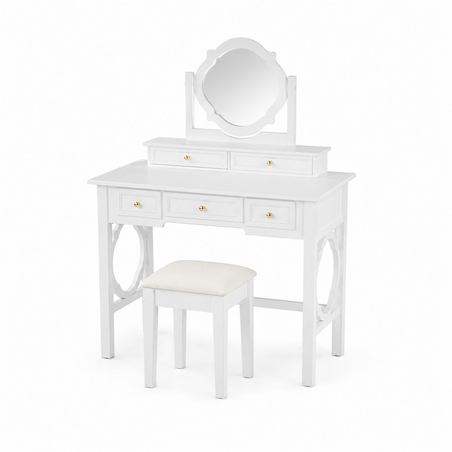 Tavolo da Toeletta con Specchio e Sgabello, Legno, Bianco