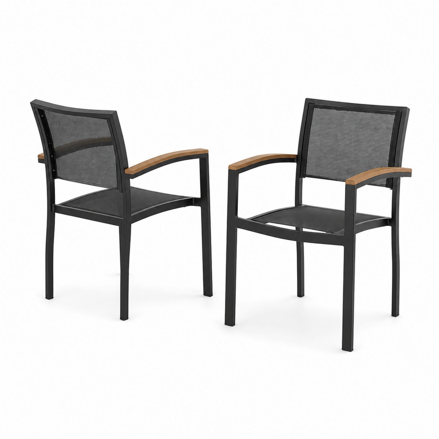 Set di 2 Sedie da Esterno in Alluminio e Legno, Nero e Grigio
