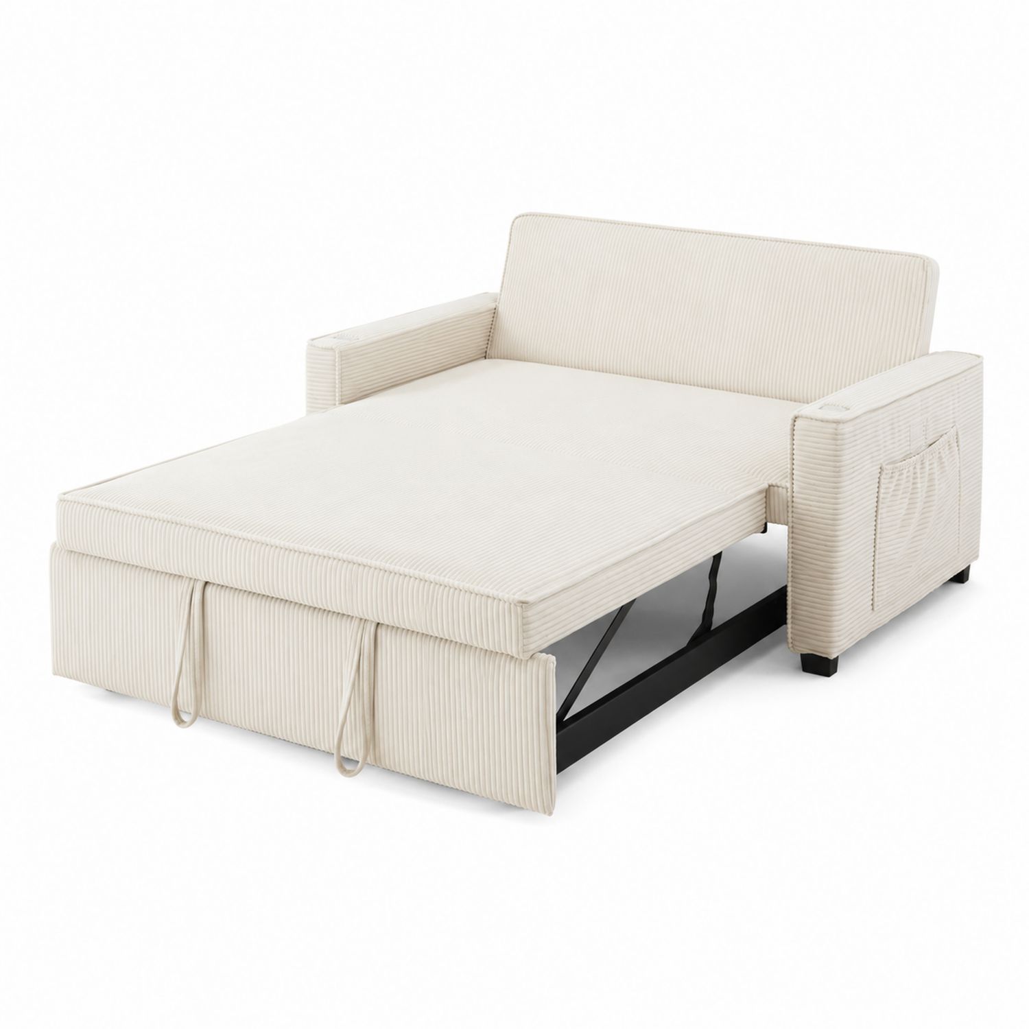 Divano Letto in Tessuto a Coste Beige con Struttura in Metallo