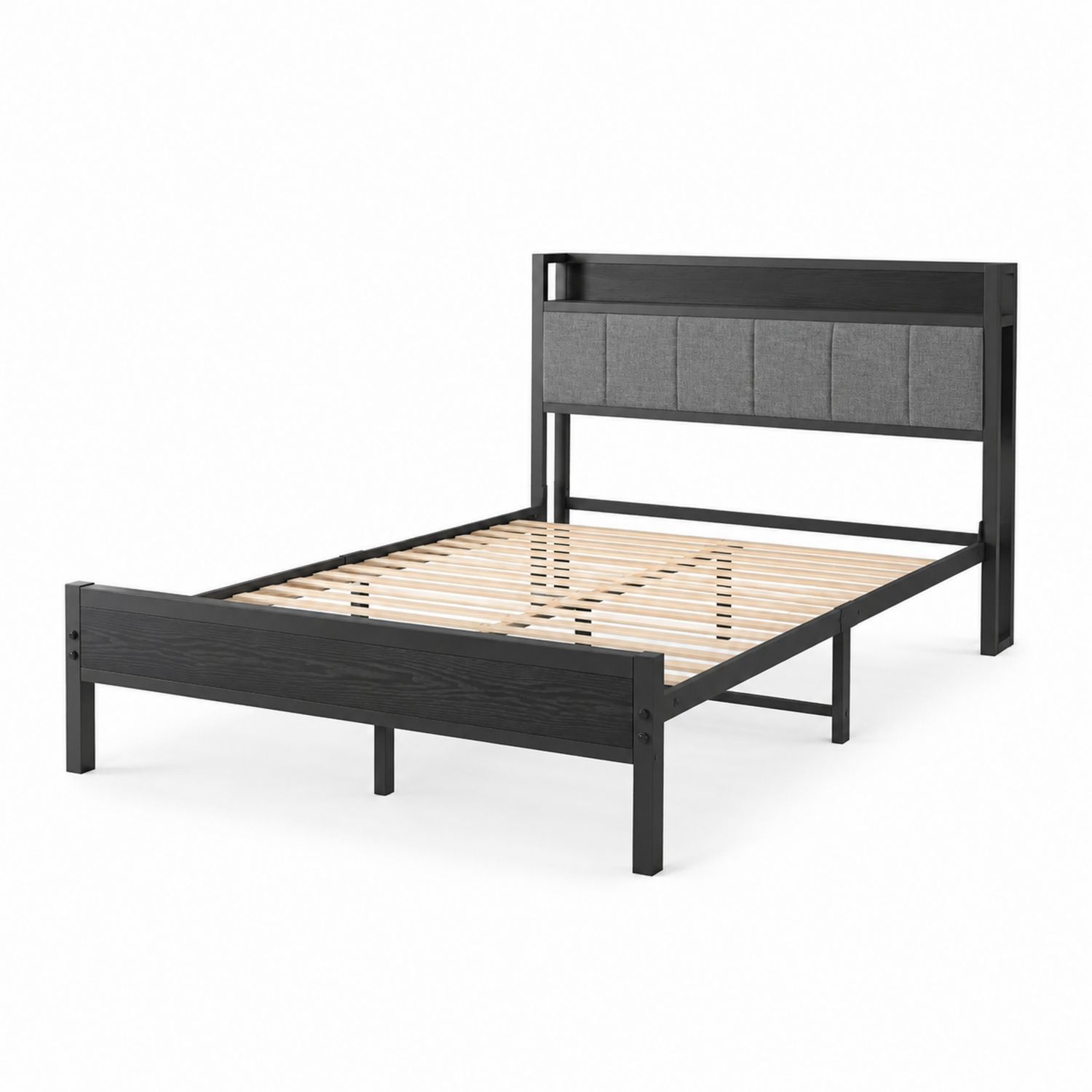Letto matrimoniale in metallo e tessuto nero e grigio 200x160 cm