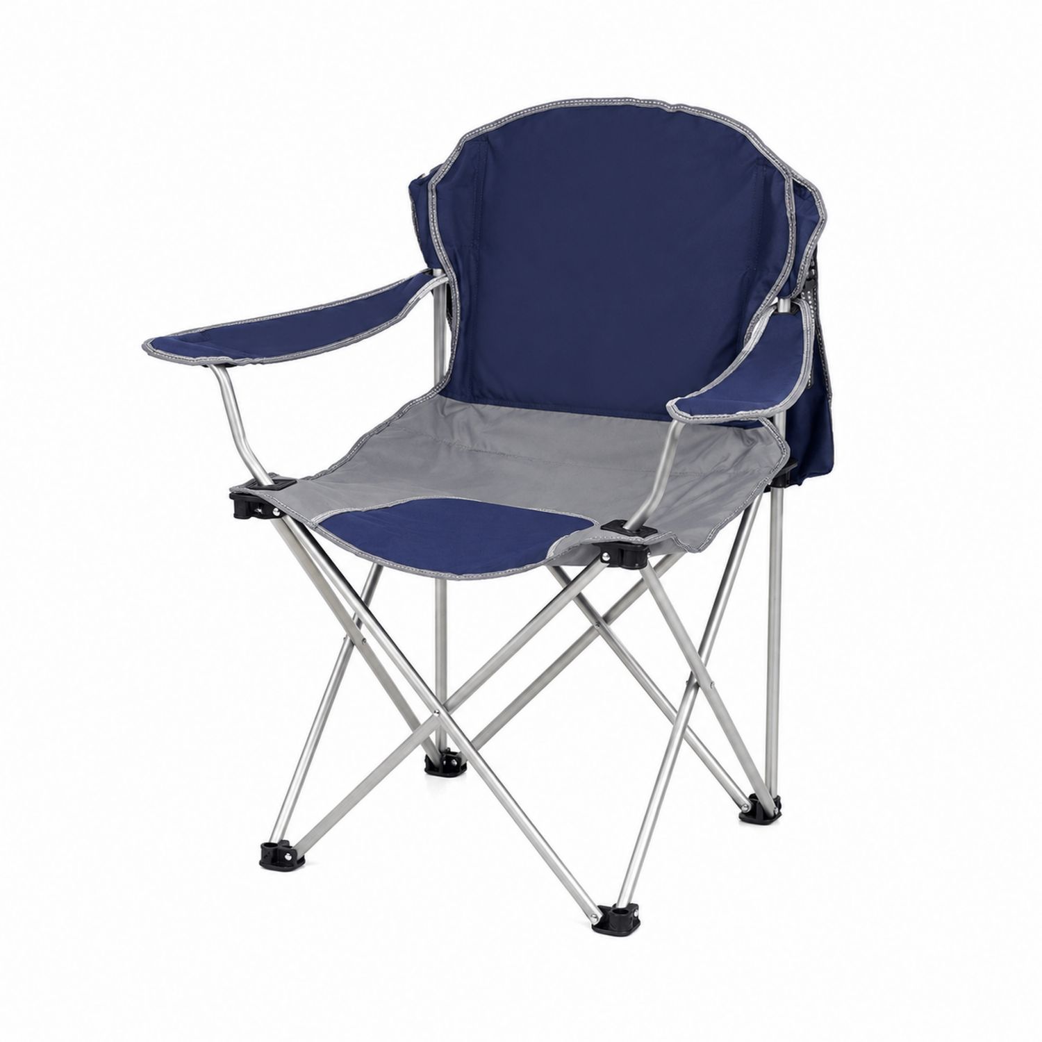 Sedia pieghevole in poliestere blu e grigio con struttura in acciaio