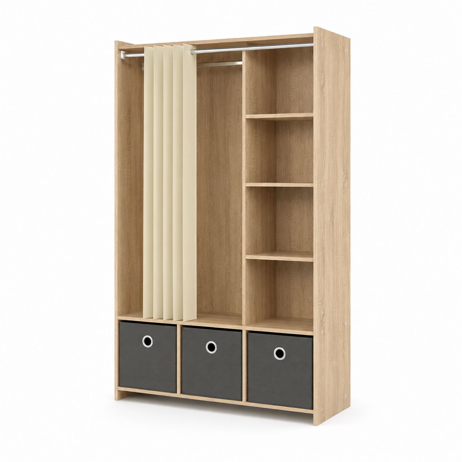 Armadio guardaroba in truciolato effetto rovere con tendina in poliestere