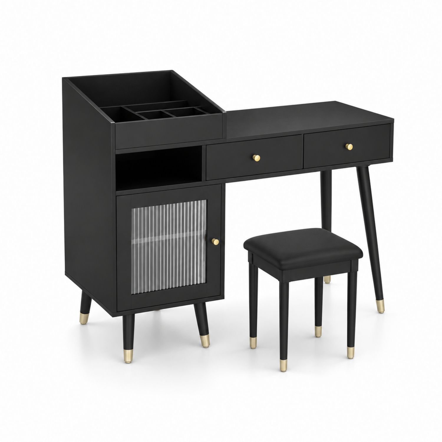 Consolle da Trucco Nera con Sgabello, MDF, Vetro e Acciaio