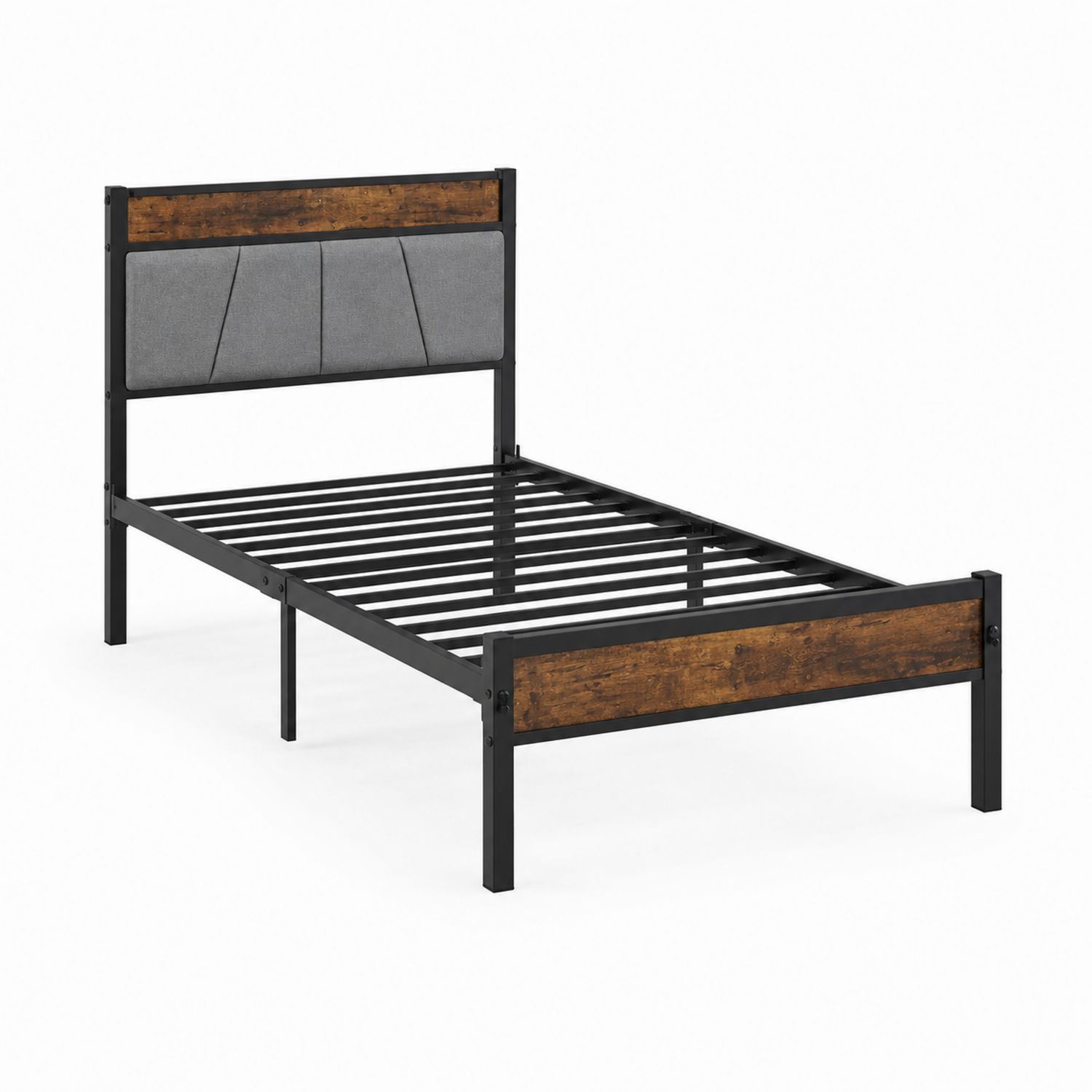 Letto singolo in metallo e legno con testiera imbottita