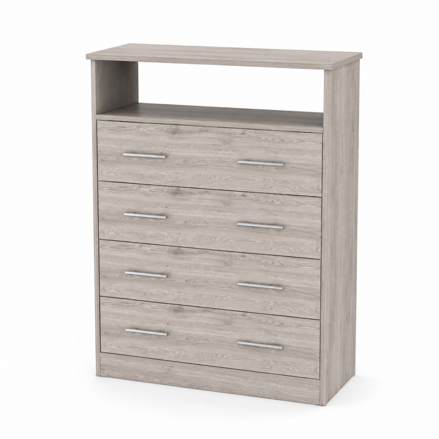 Cassettiera in legno con 5 cassetti e ripiano aperto in grigio chiaro