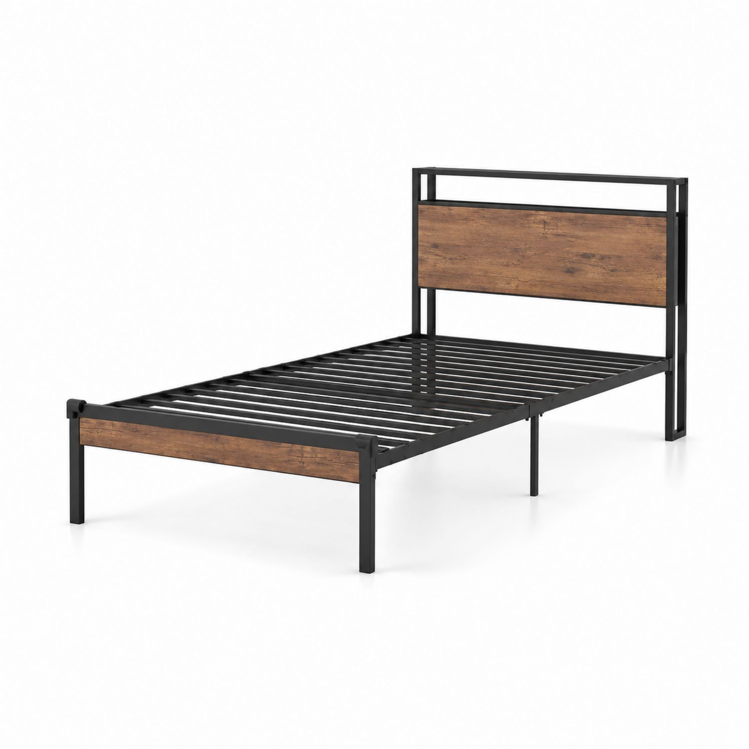 Letto singolo in metallo e legno 200x90 cm Nero e legno naturale