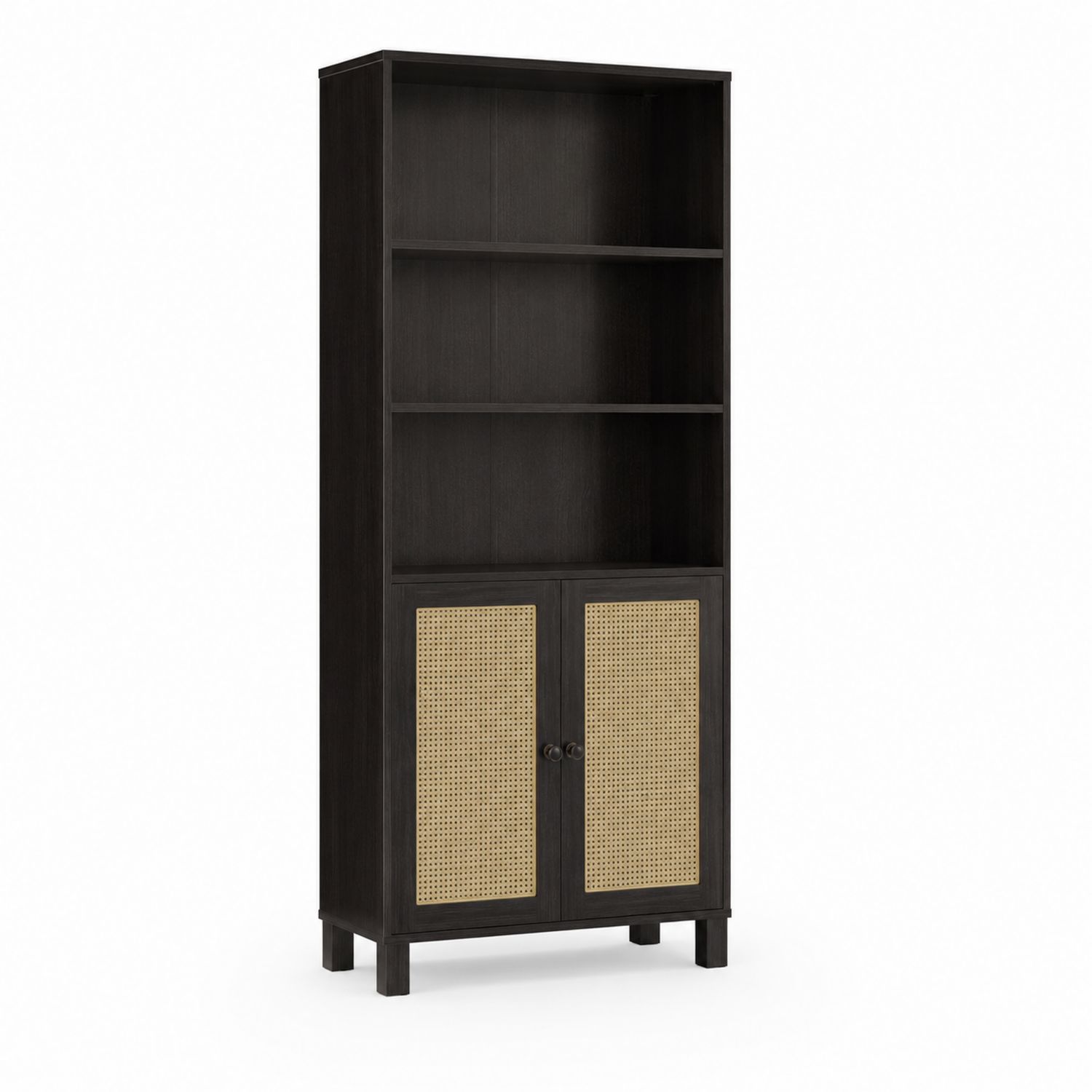 Libreria in legno massiccio e rattan nero, 4 ripiani