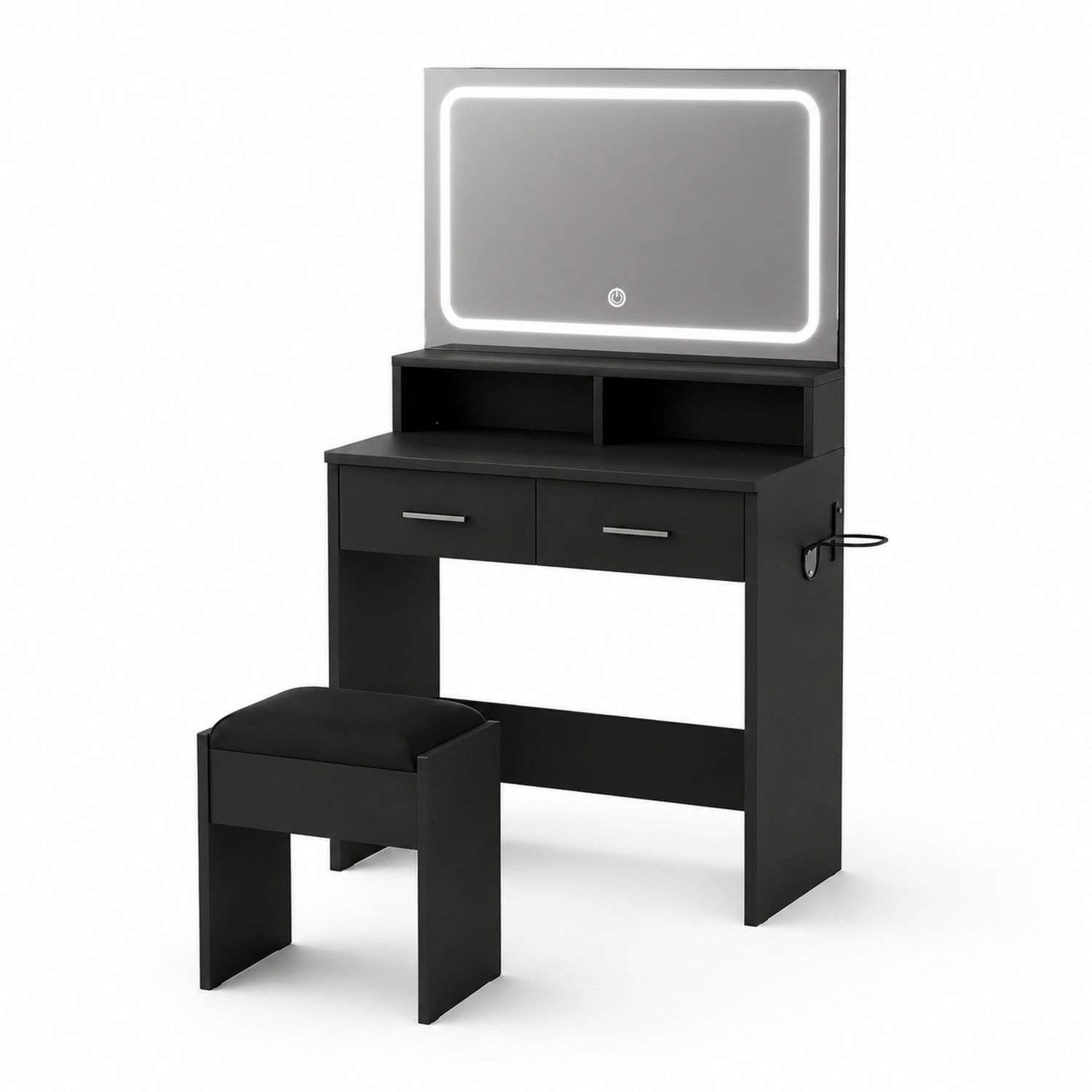 Toeletta in Legno Nera con Specchio LED e Sgabello