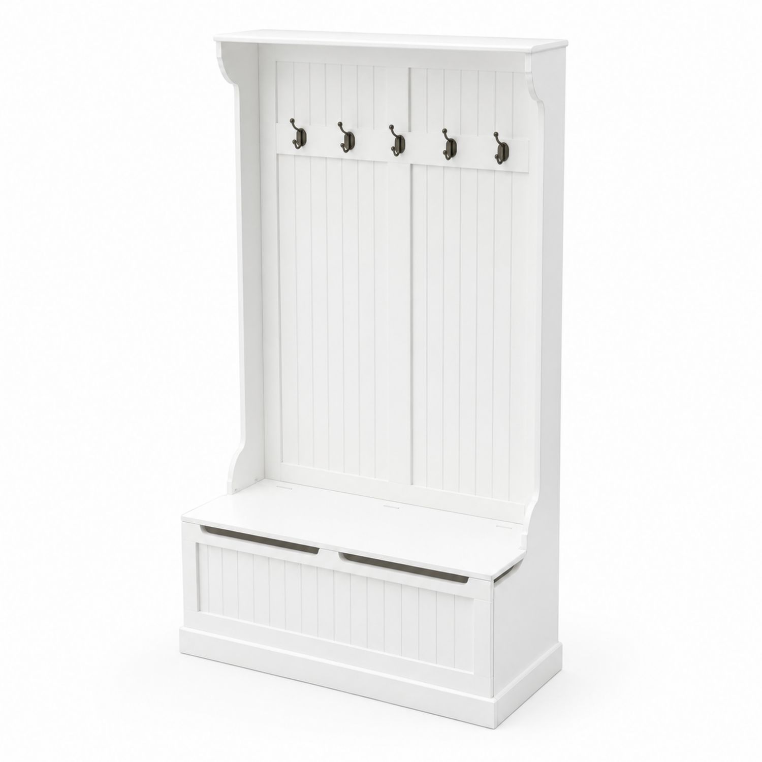 Panca Appendiabiti in Legno MDF Bianco con Ganci e Contenitore
