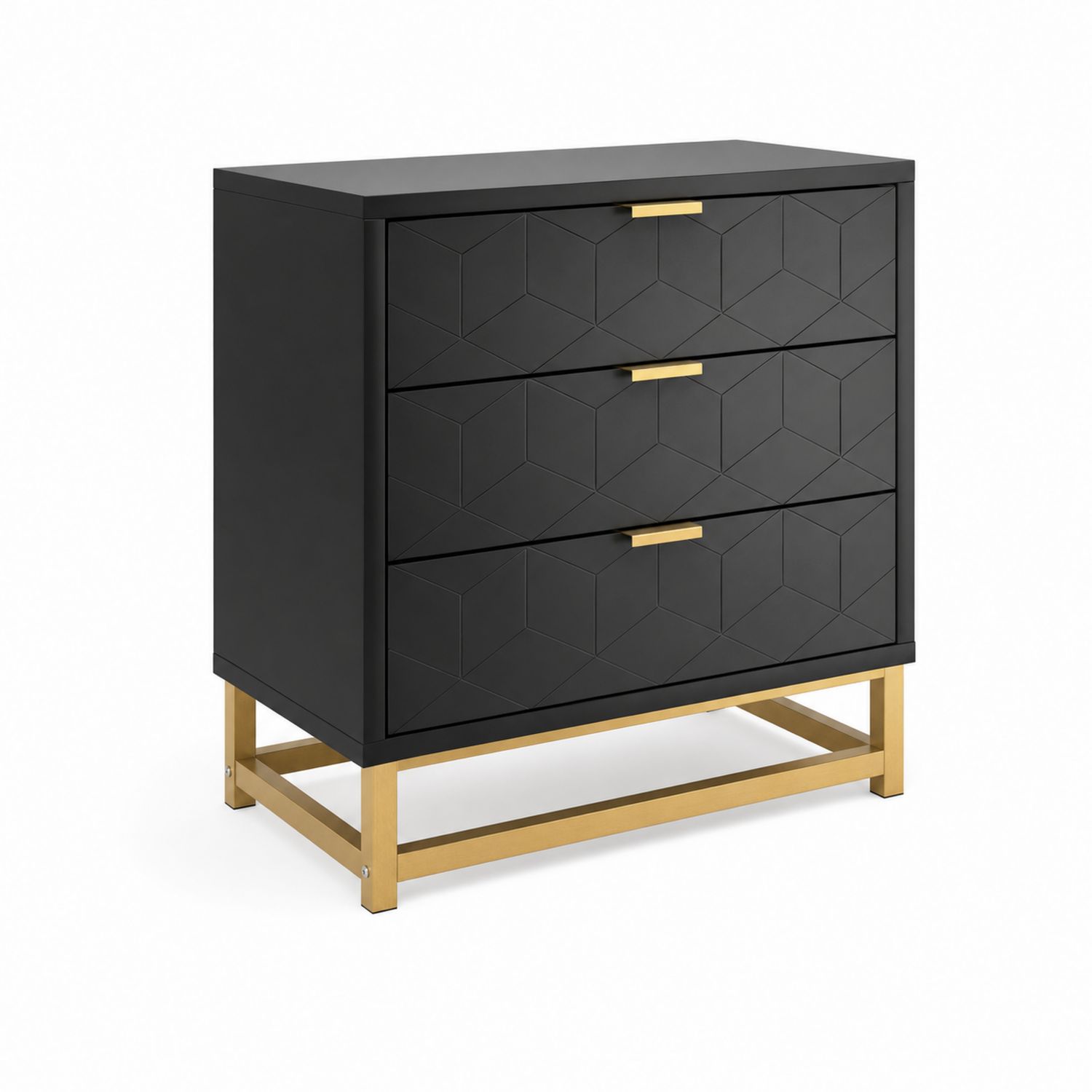 Cassettiera in Legno e Metallo Nero e Oro a Tre Cassetti