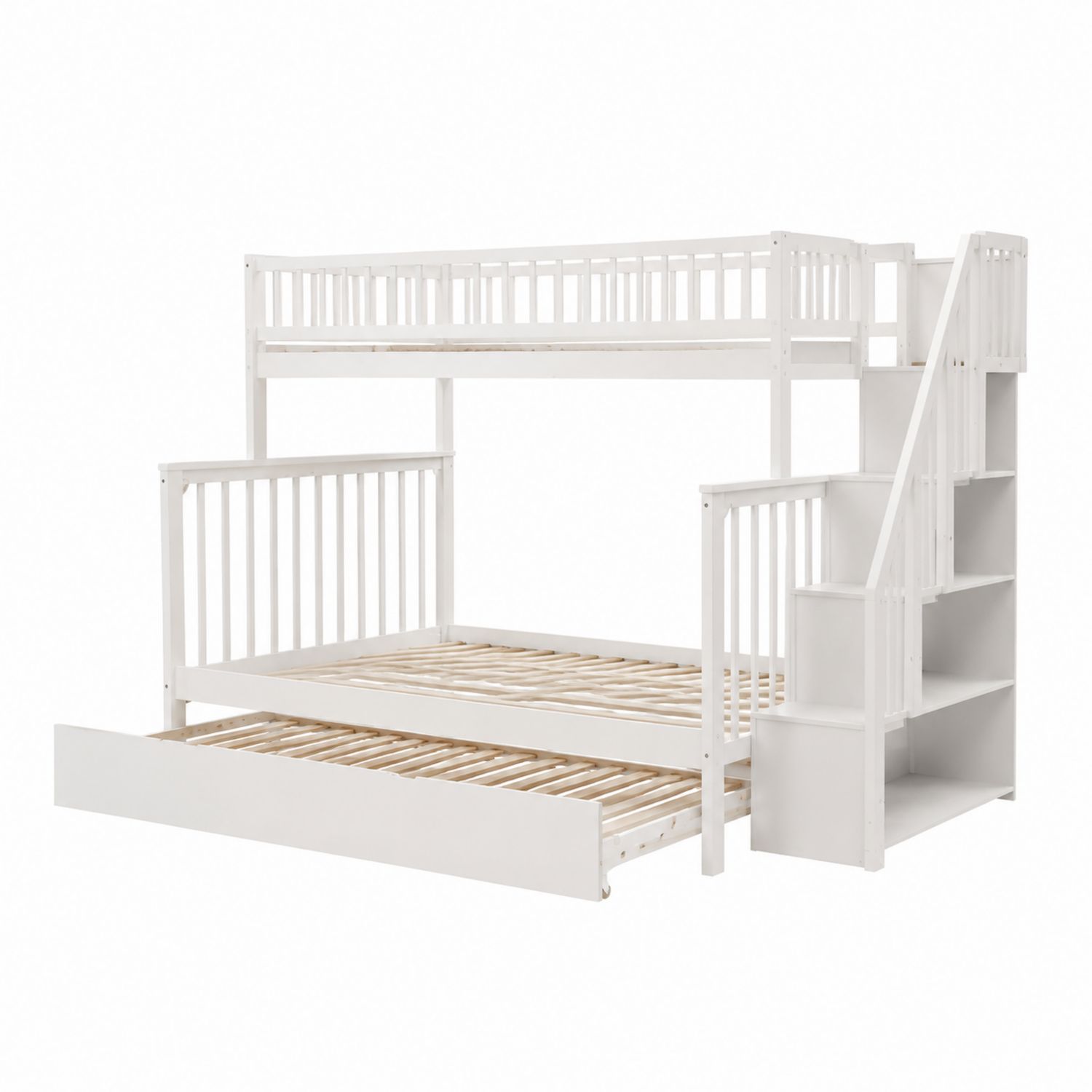 Lit superposé triple en bois blanc avec rangement