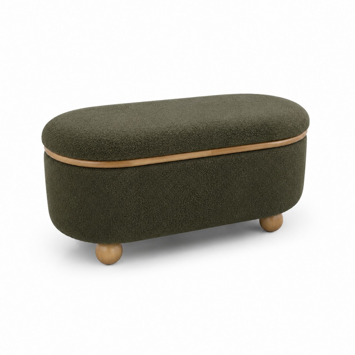 Banc ovale en tissu bouclette vert avec pieds en bois 100cm