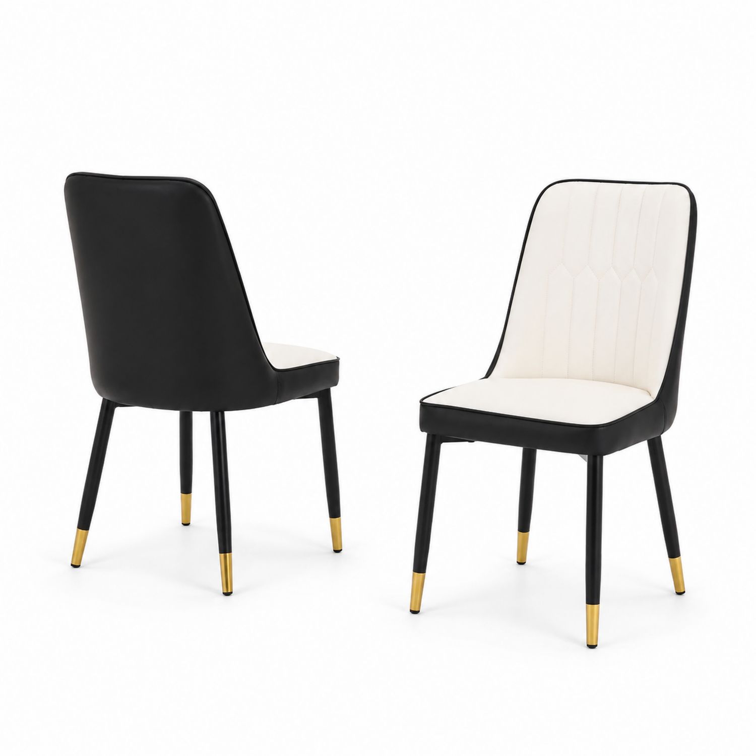 Chaises en cuir PU Blanc et Noir avec pieds en métal doré, lot de 2