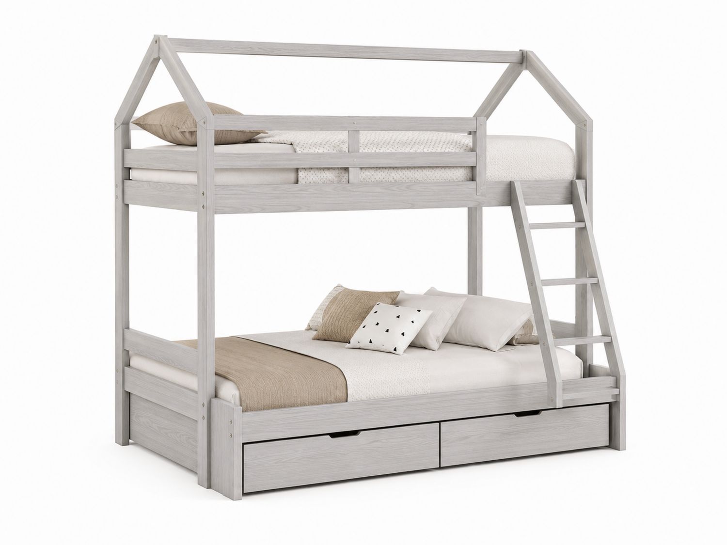 Letto a Castello in Legno Grigio con Scala Laterale e Cassetti