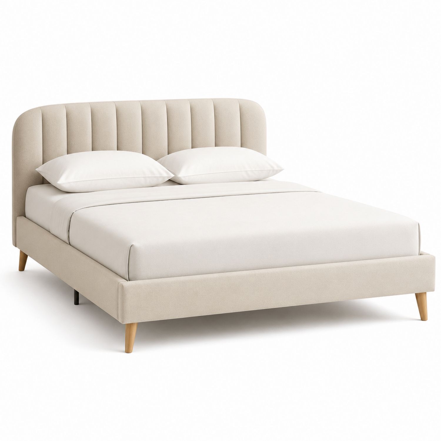 Letto matrimoniale in legno e tessuto di lino beige con testiera imbottita, 200x160 cm