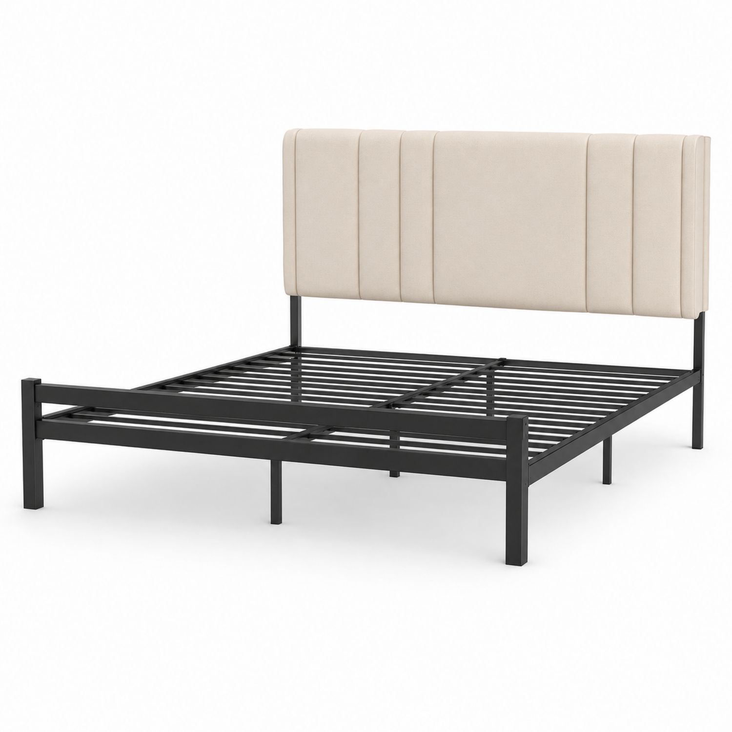 Letto matrimoniale in metallo con testiera rivestita in poliestere beige