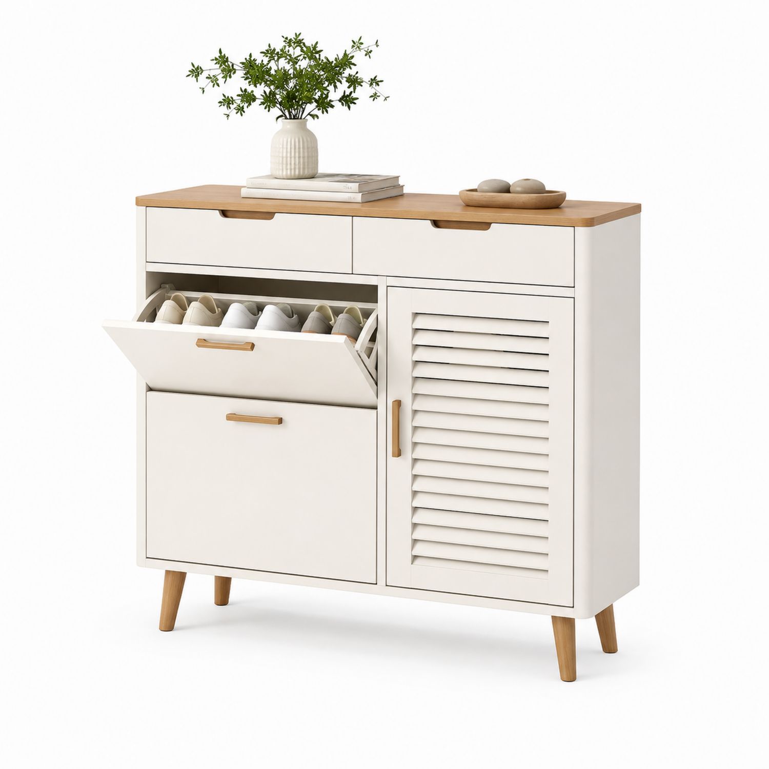 Scarpiera in Legno MDF con Cassetti Bianco e Naturale