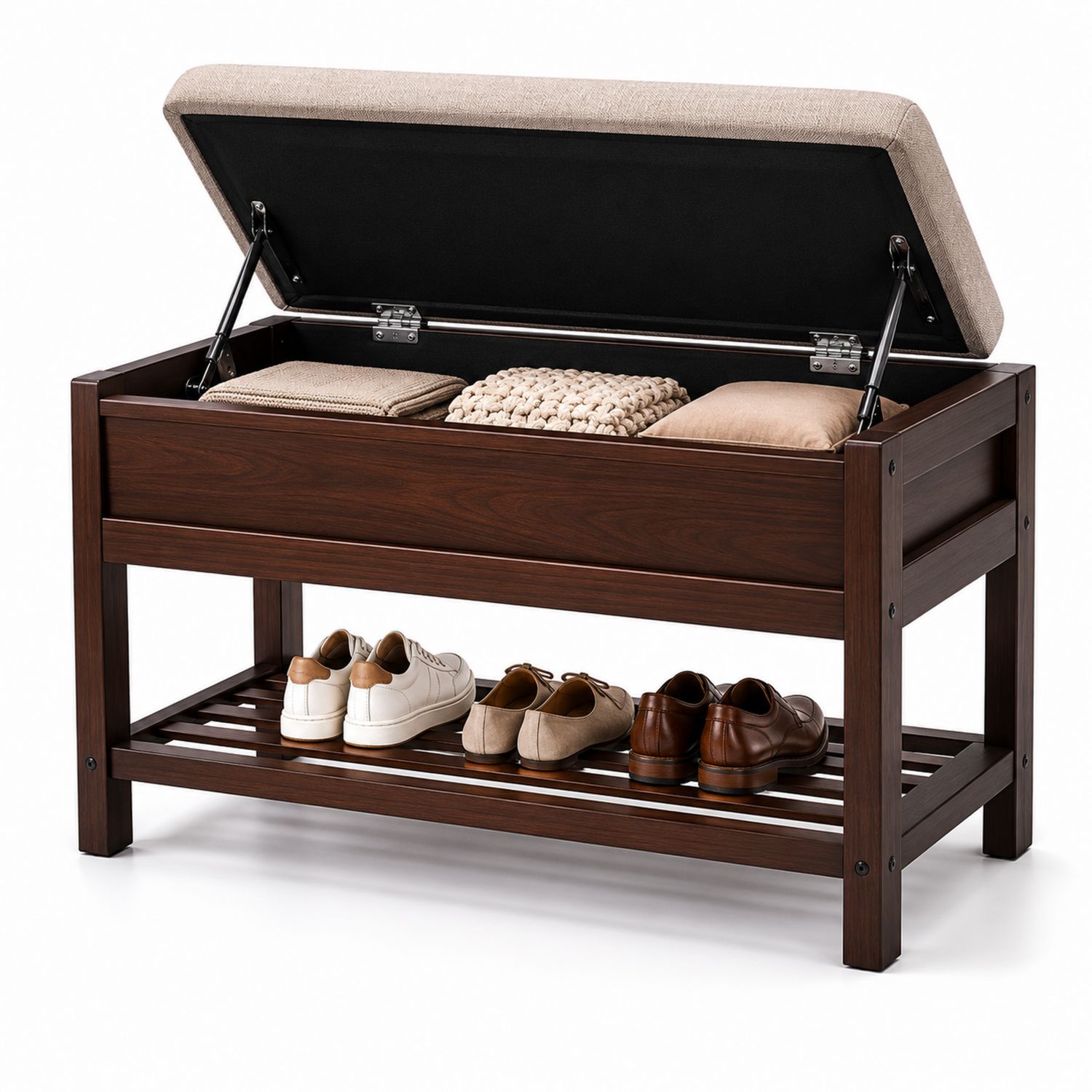 Scarpiera con seduta contenitore in legno e tessuto beige
