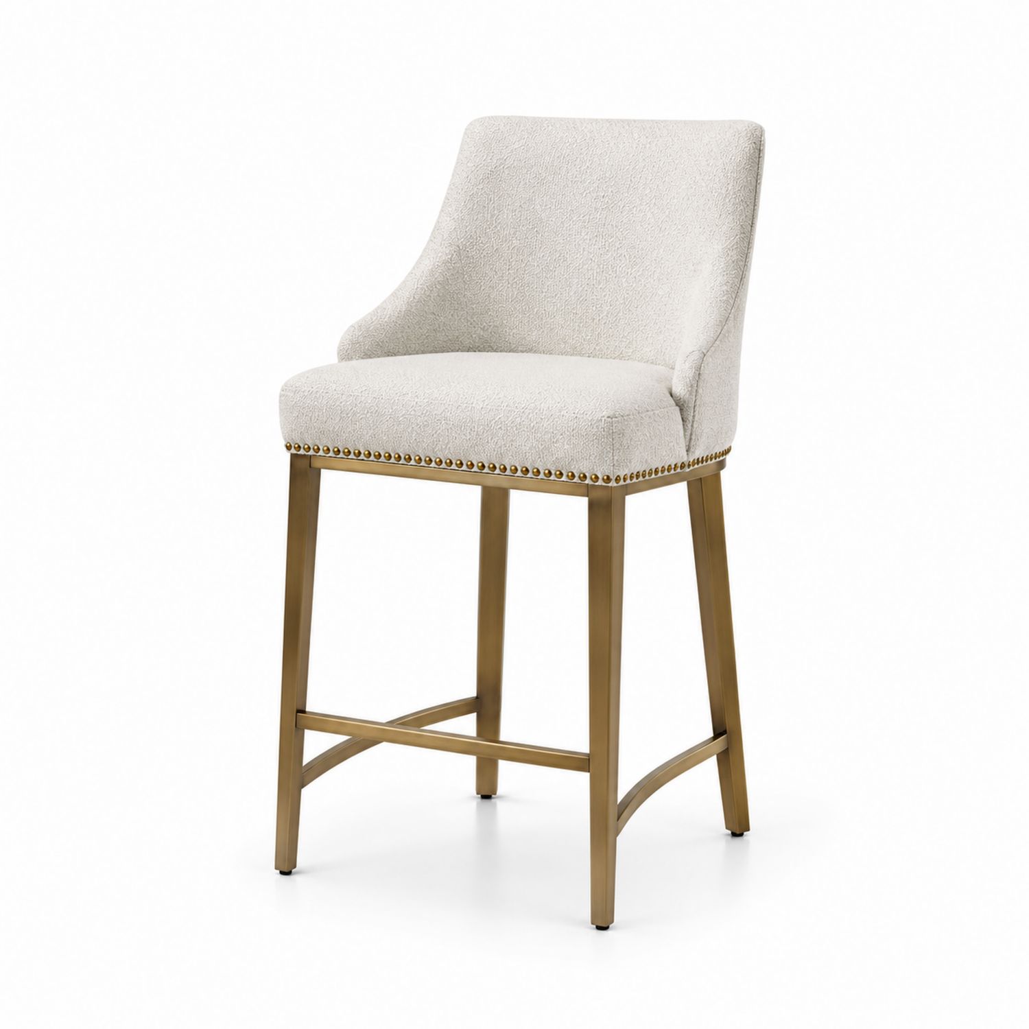 Sgabello in tessuto bouclé beige con gambe in metallo dorato