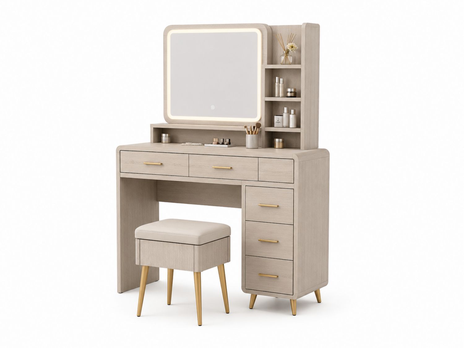 Toeletta in Legno con Specchio LED e Sgabello Imbottito