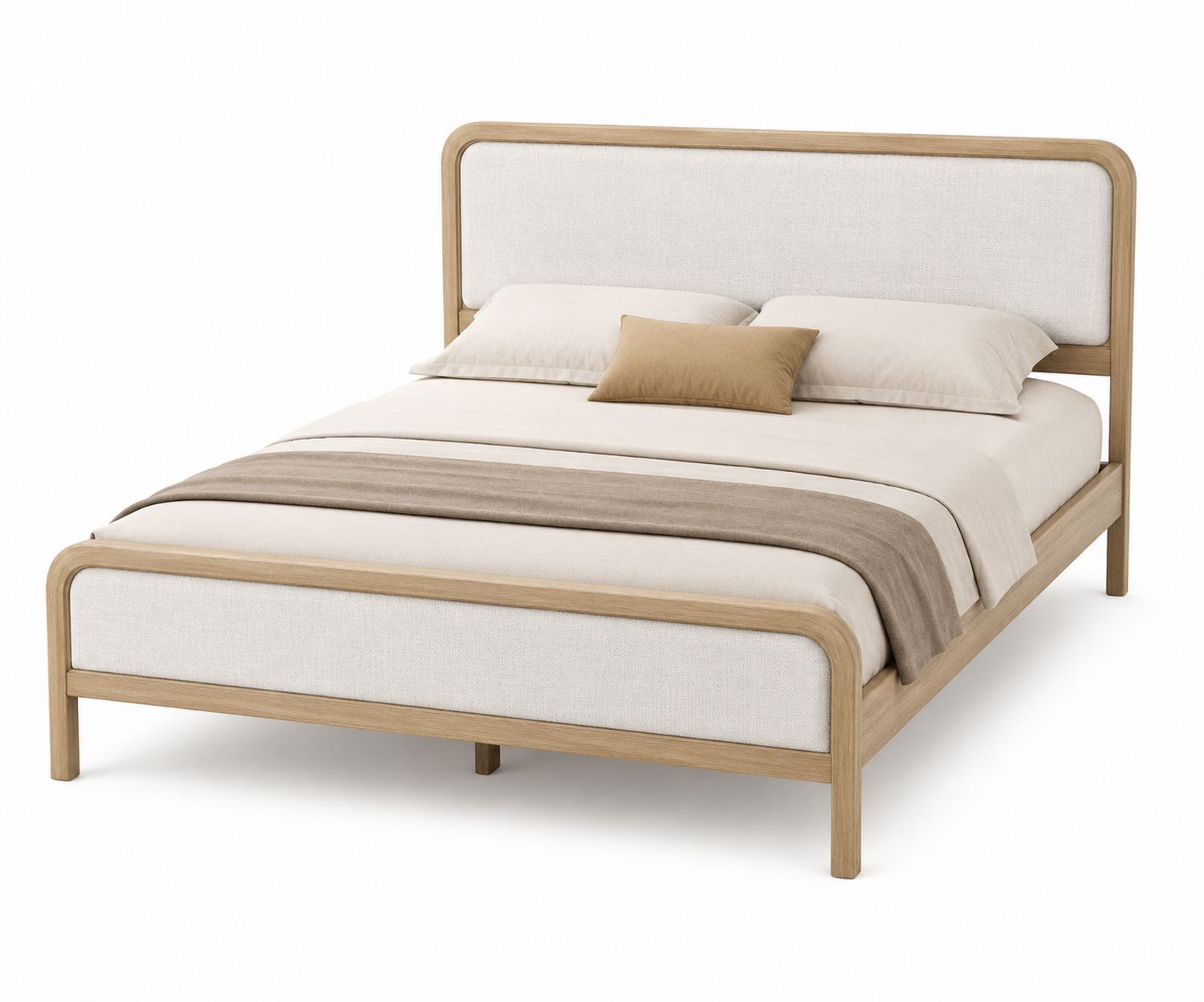 Letto matrimoniale in legno con rivestimento in tessuto beige 200x160 cm