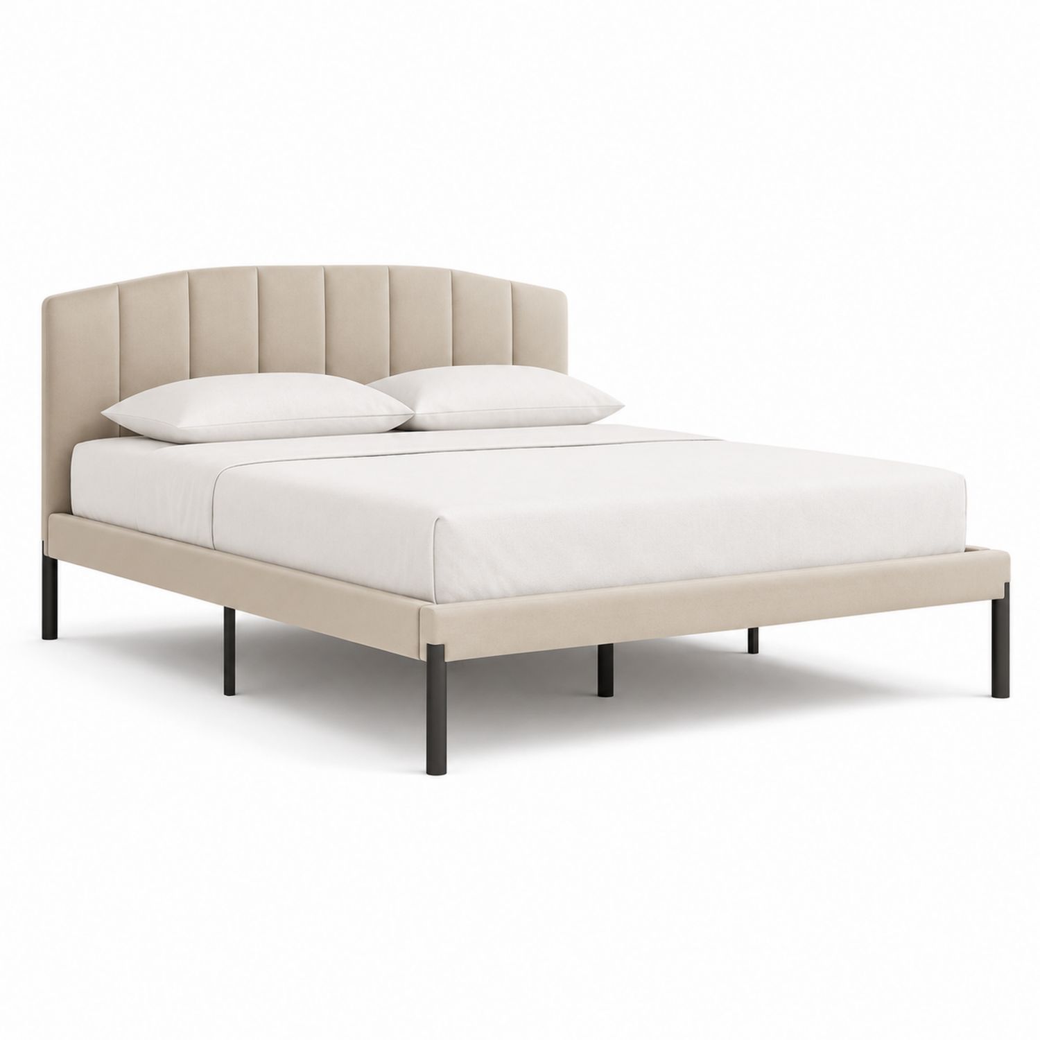 Letto matrimoniale imbottito in tessuto beige, struttura in metallo