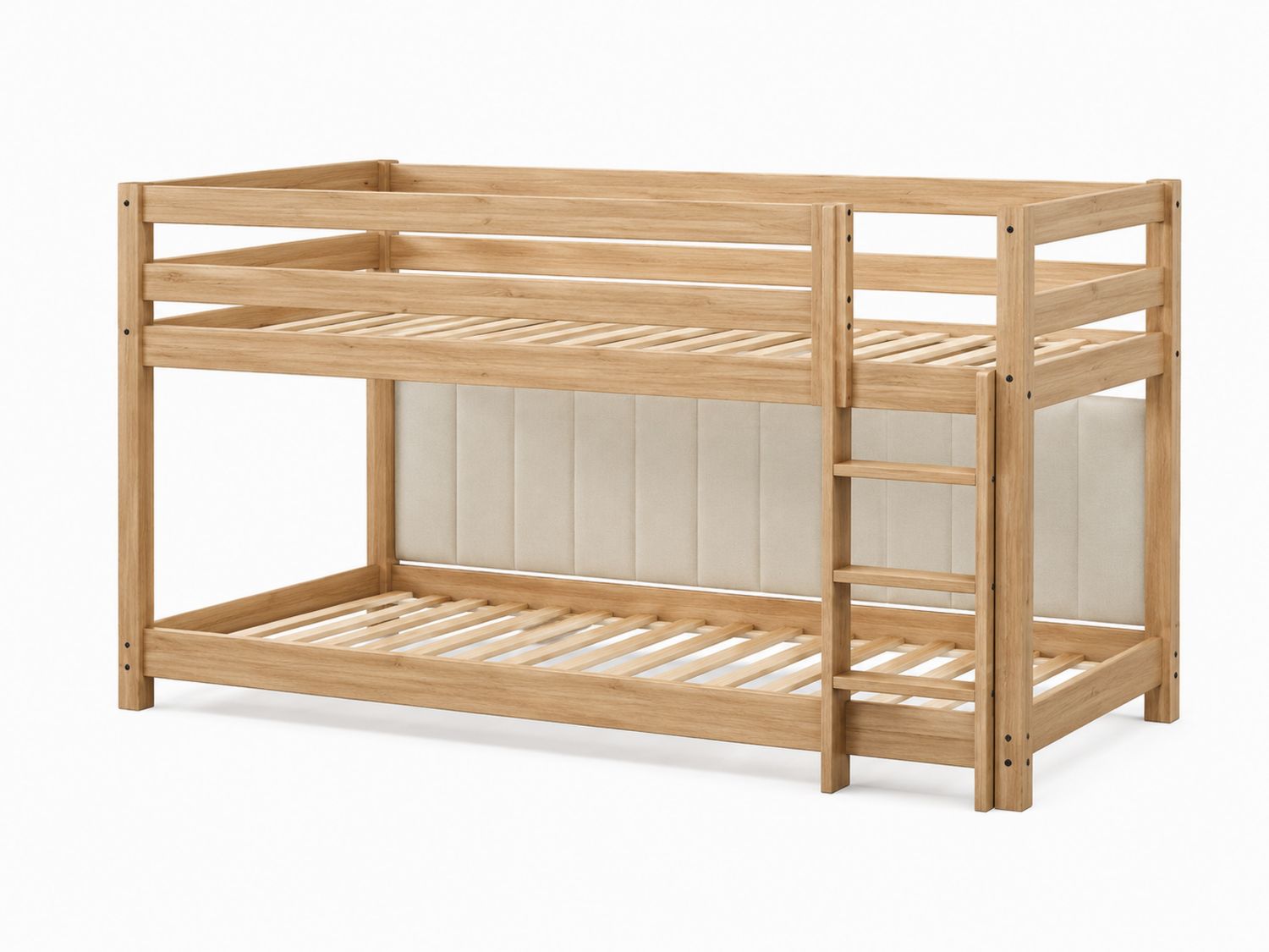 Letto a Castello in Legno di Rovere con Schienale in Tessuto Crema