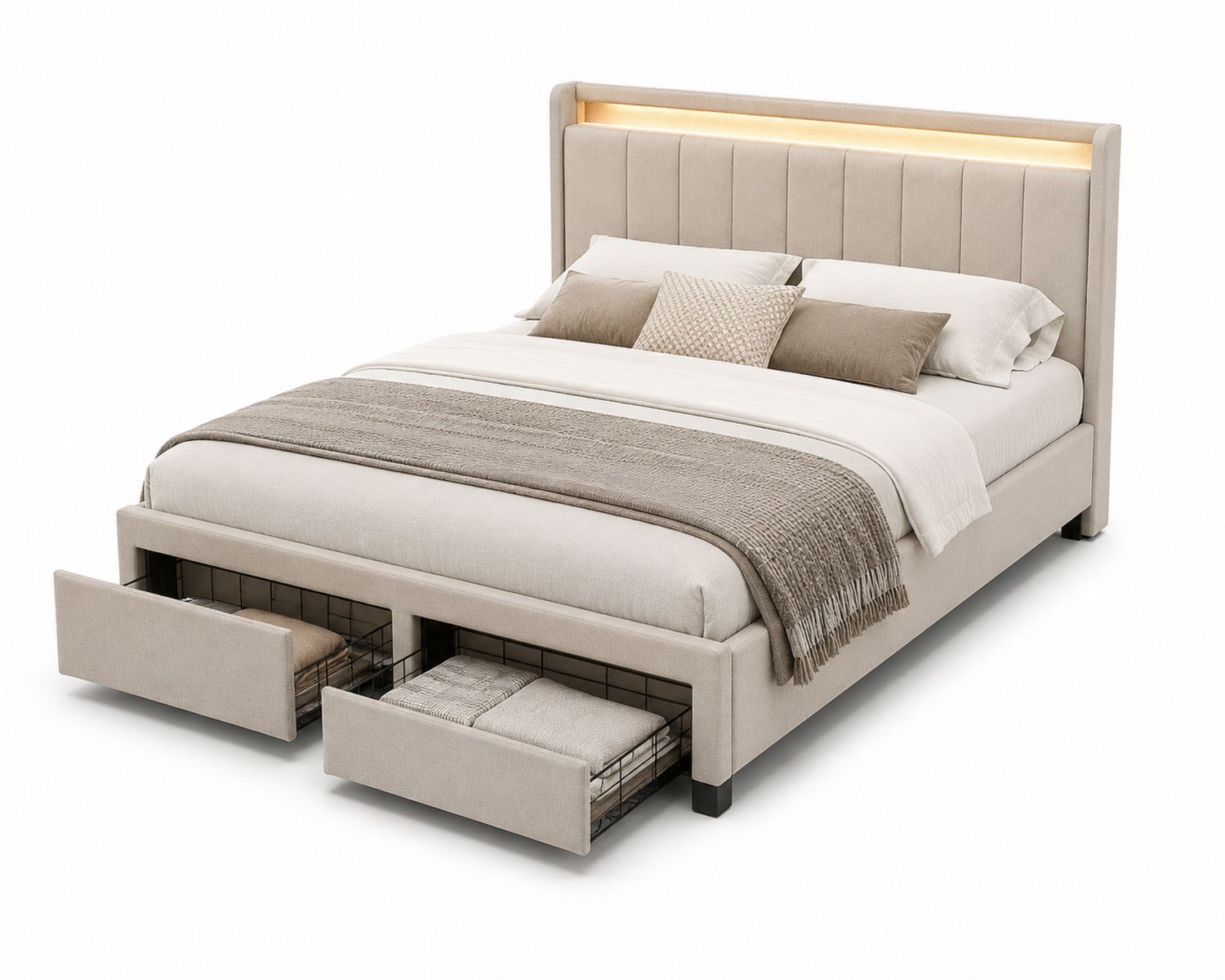 Letto matrimoniale con cassetti e luce LED in tessuto beige