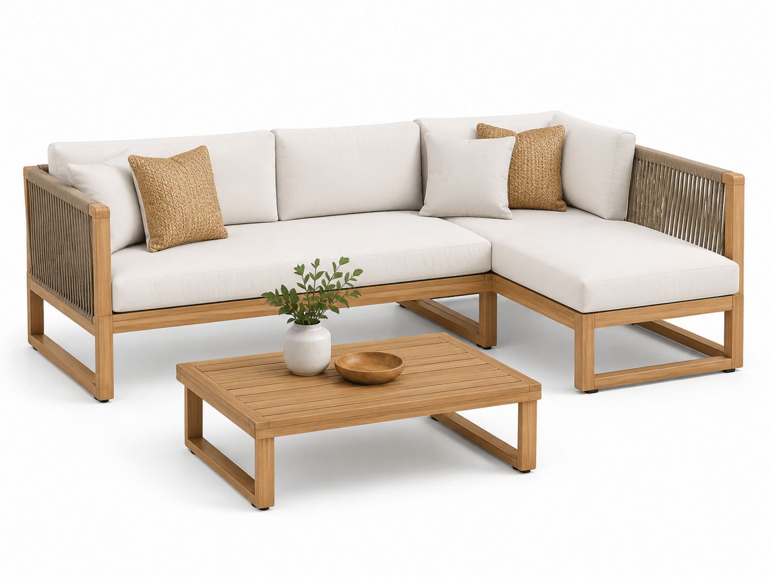 Divano angolare in legno di teak e tessuto beige con tavolino da caffè