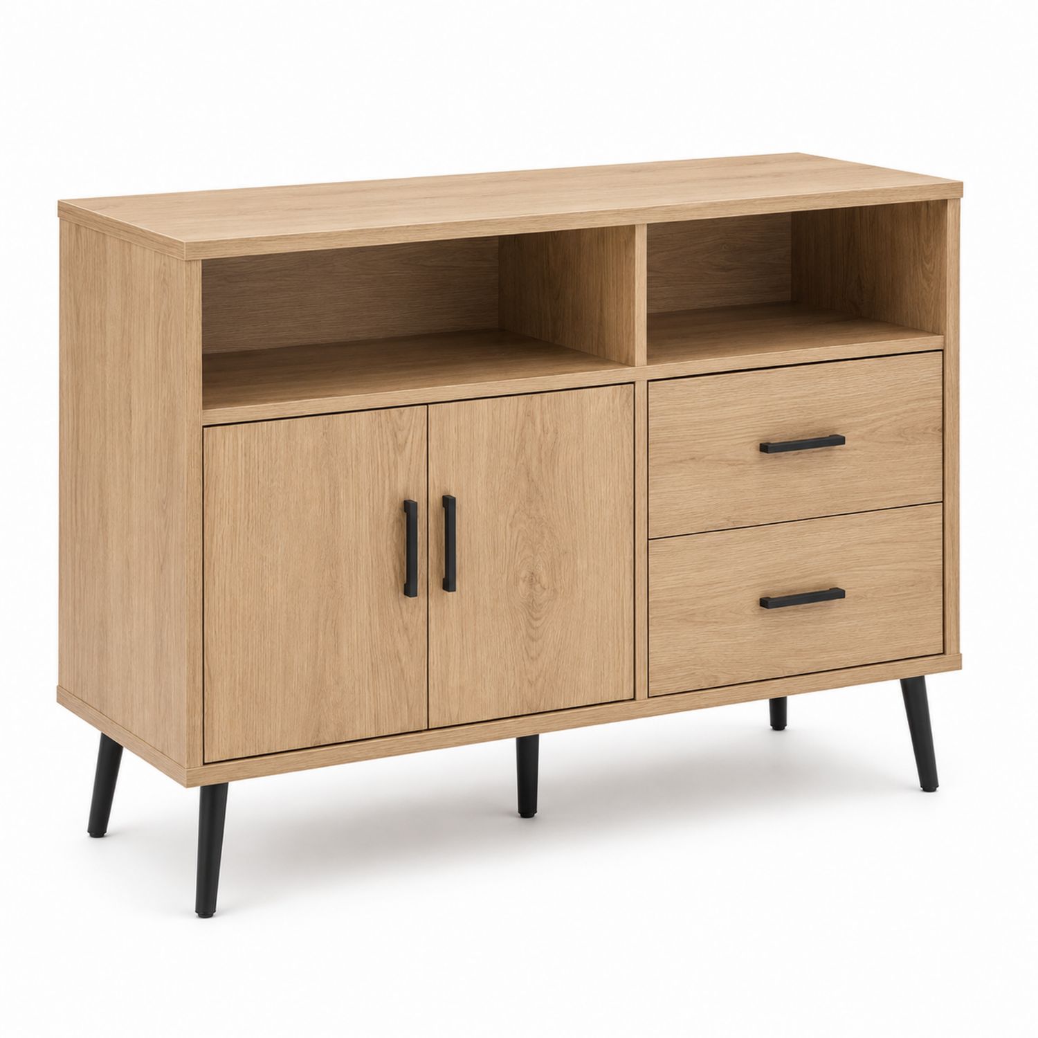 Credenza in MDF con Cassetti e Ante, Rovere Chiaro e Metallo Nero