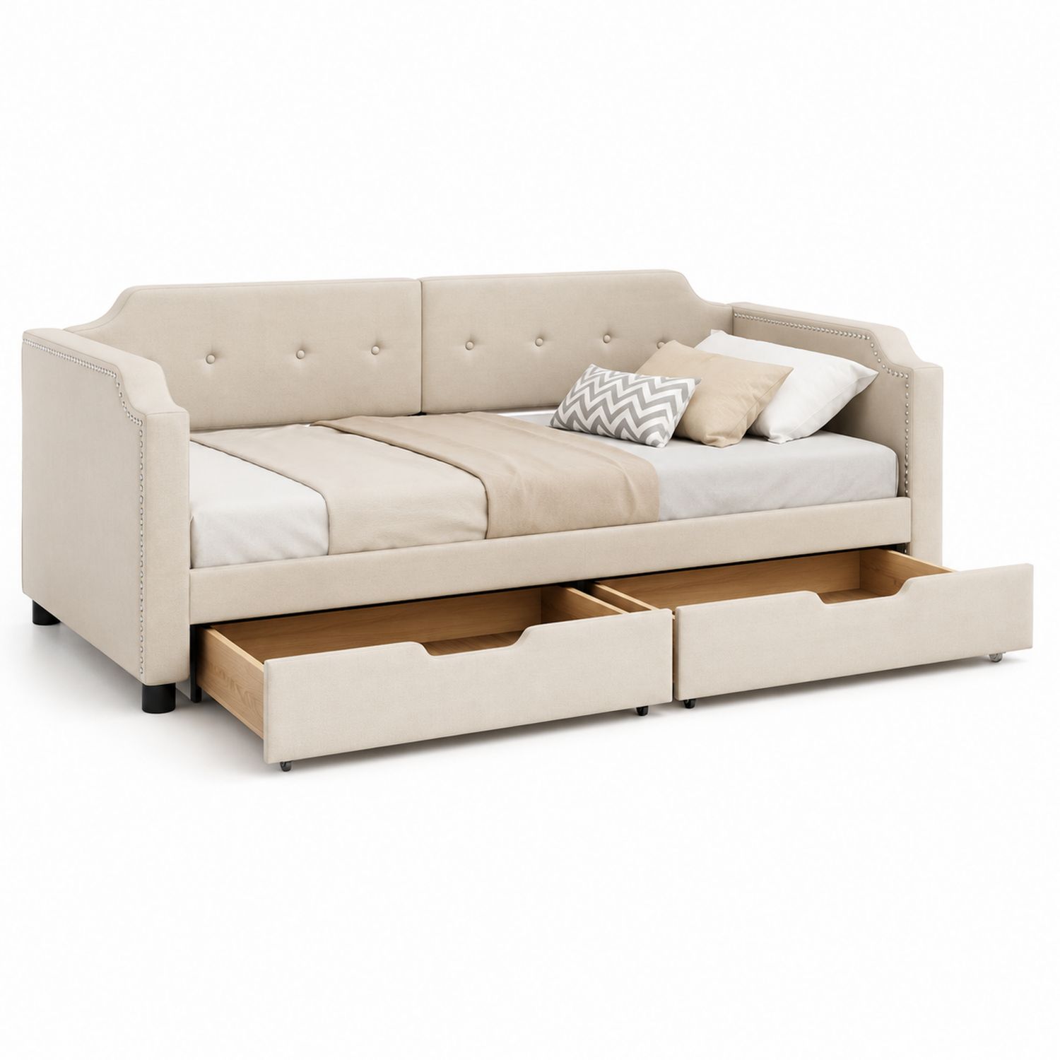 Divano letto in tessuto beige con cassetti
