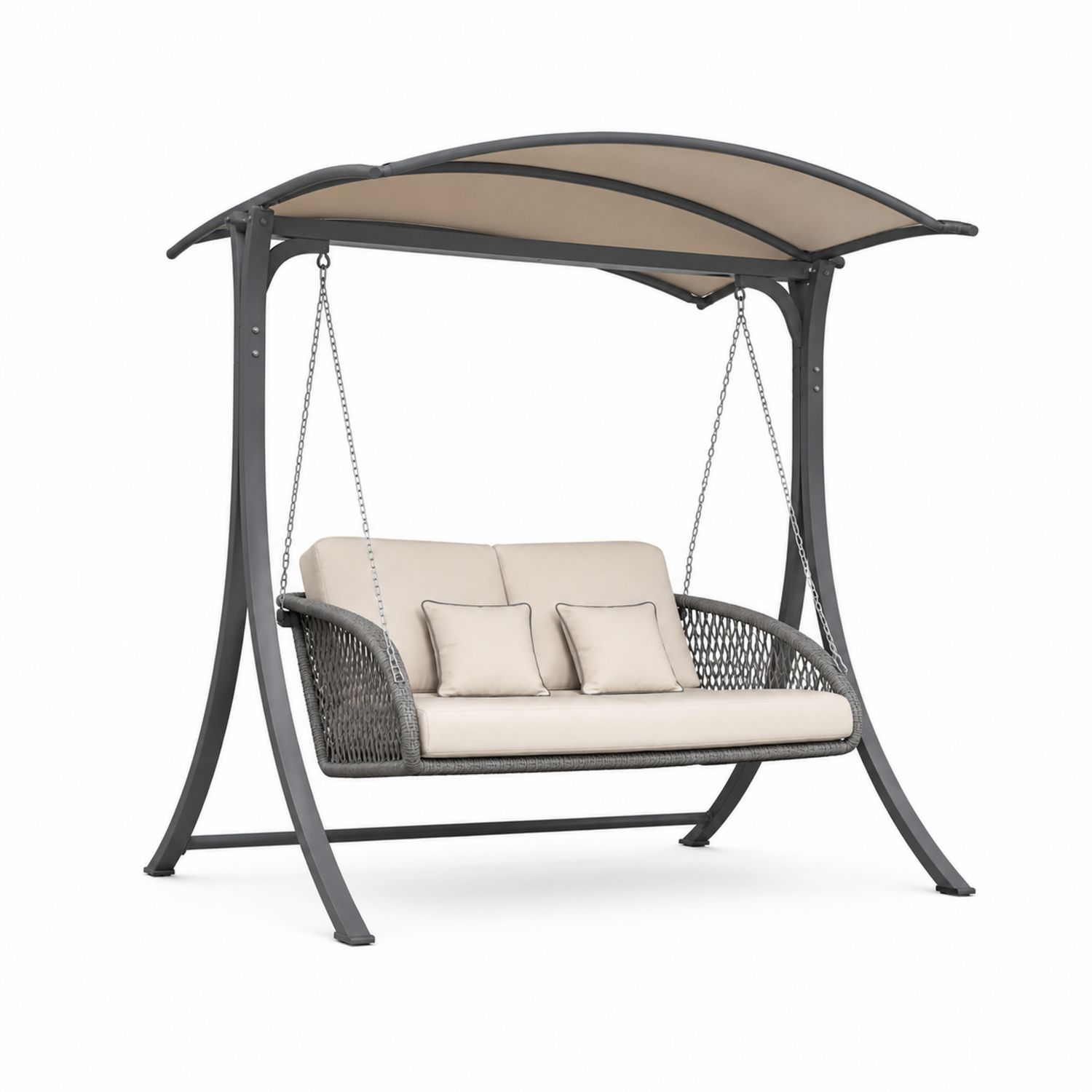Dondolo da Giardino in Vimini e Acciaio con Cuscini in Poliestere Beige