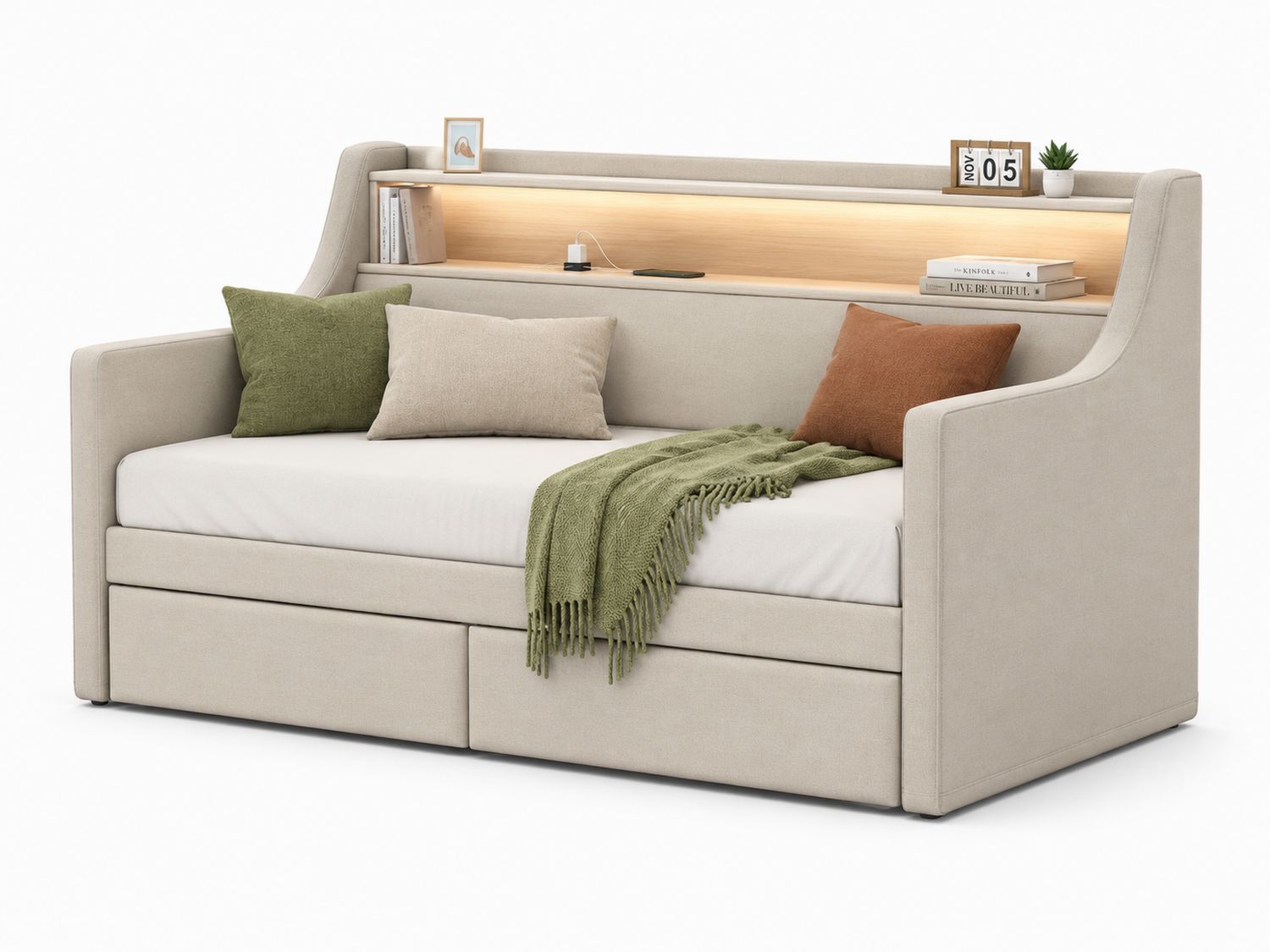 Divano Letto in Tessuto Beige con Scaffale Integrato