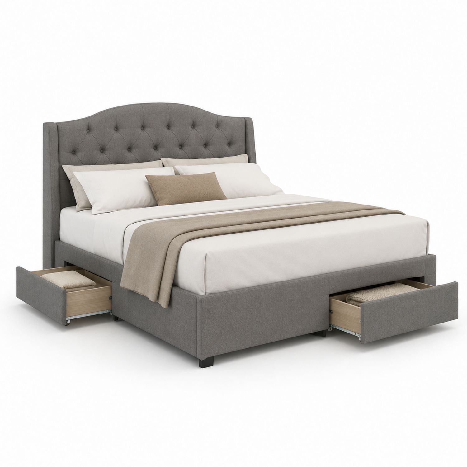 Letto matrimoniale in tessuto grigio con cassetti