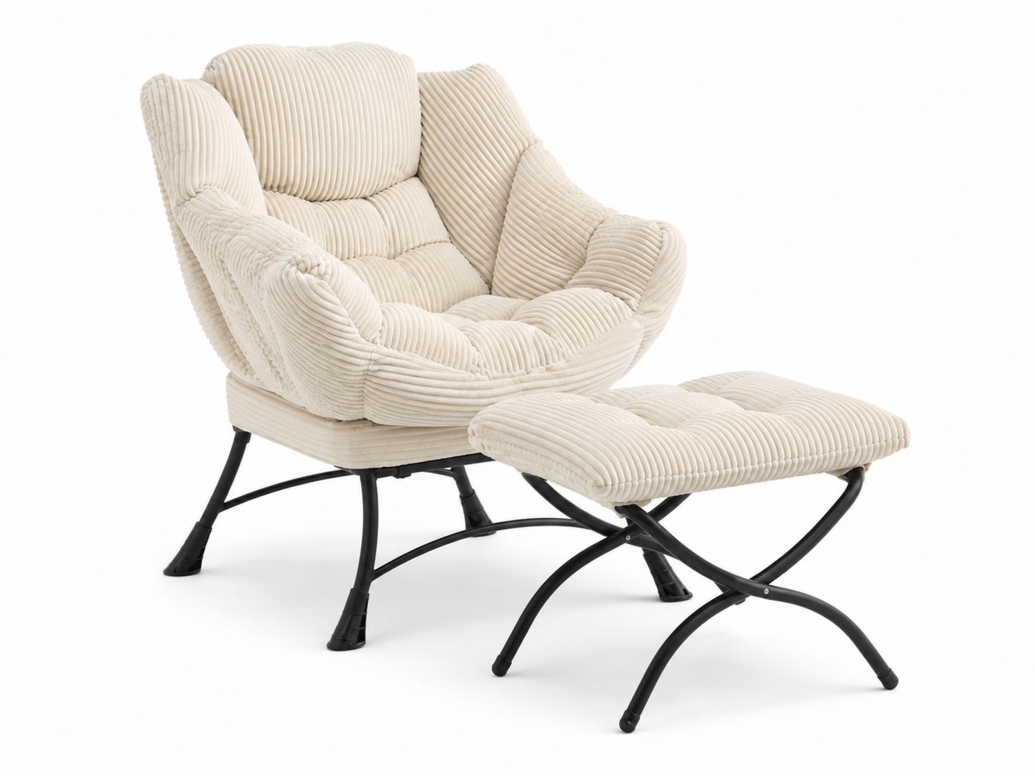 Poltrona in Velluto a Coste con Struttura in Metallo e Pouf Crema