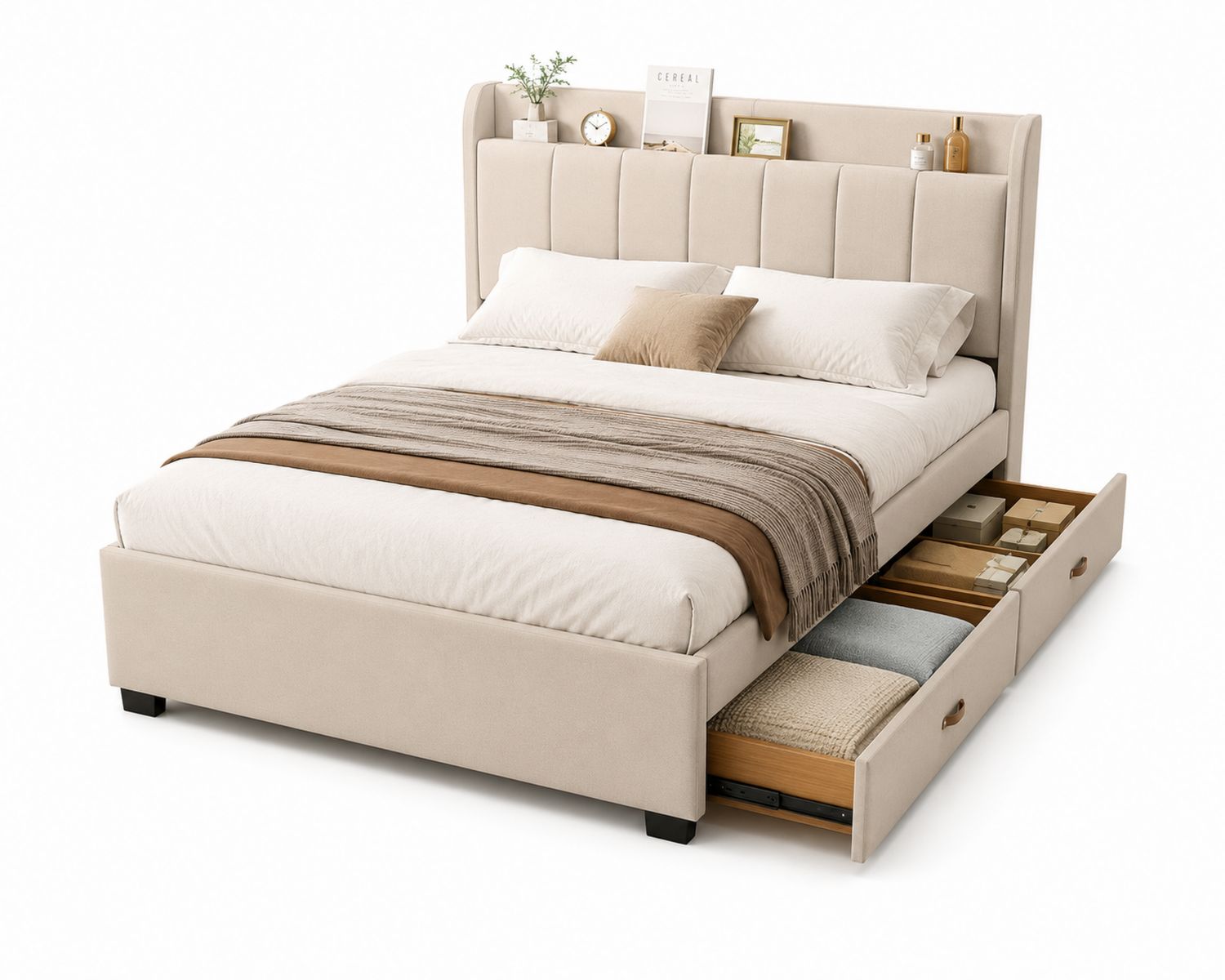 Letto matrimoniale con contenitore in tessuto beige