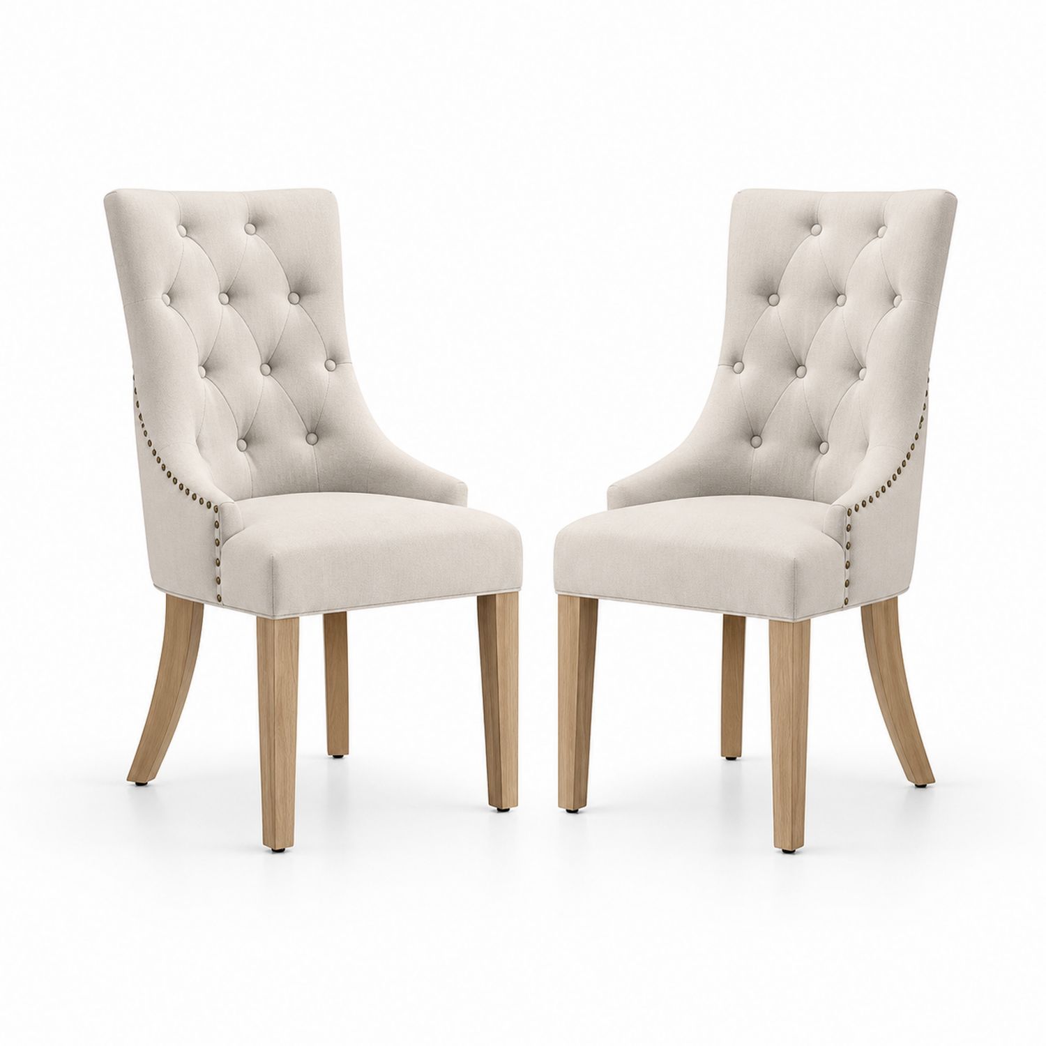 Set di 2 Sedie da Pranzo in Tessuto Beige con Gambe in Legno