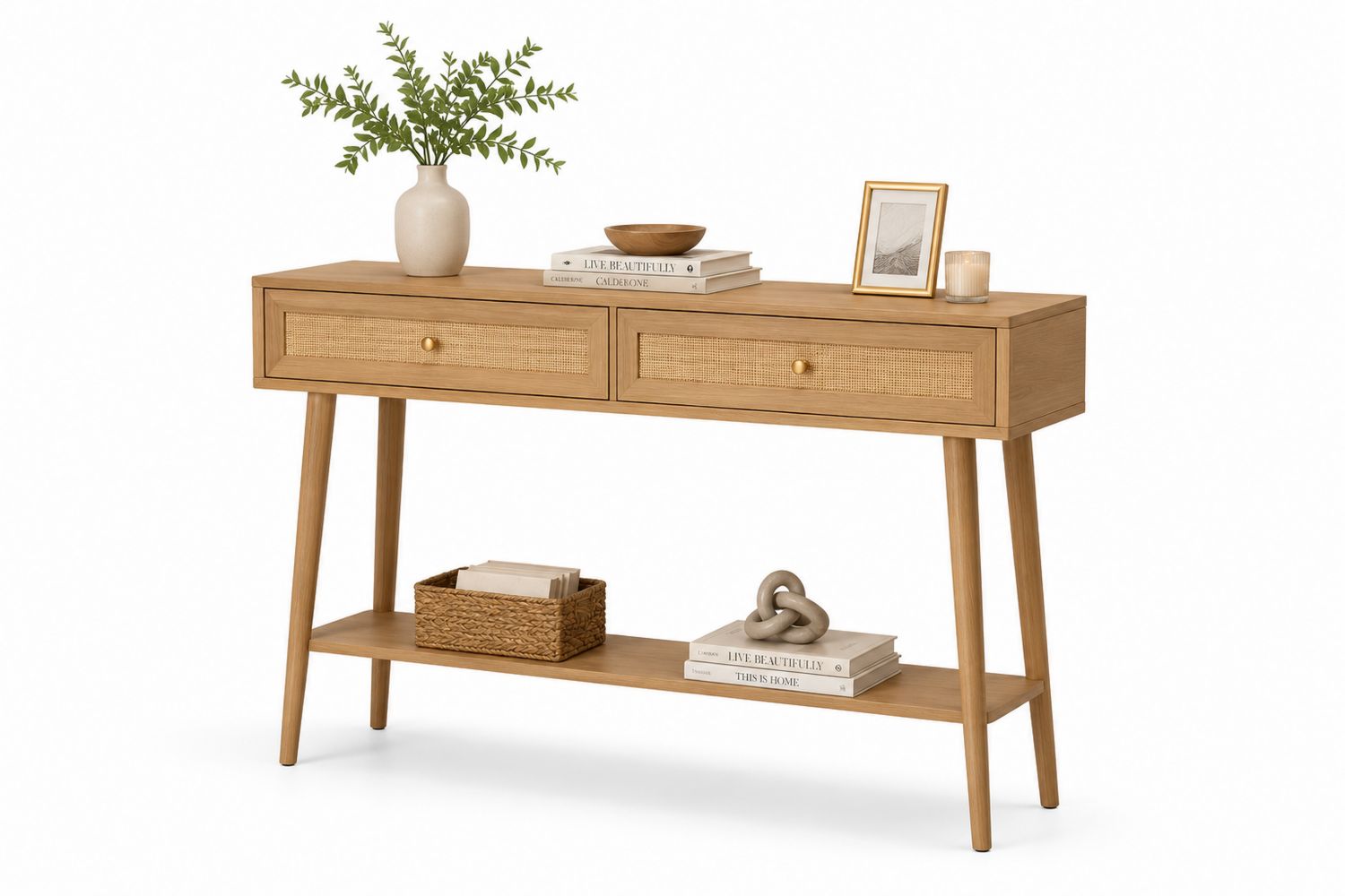 Consolle in Legno di Quercia e Rattan con 2 Cassetti