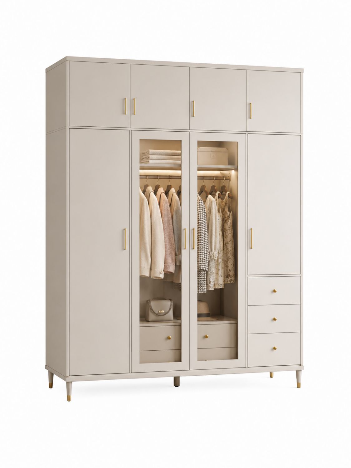 Armadio in Legno con Ante a Specchio e Cassetti Beige