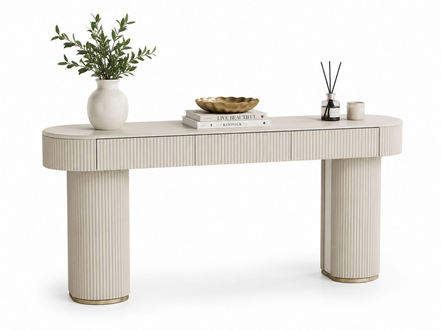 Consolle Ovale in MDF Beige con Dettagli in Metallo