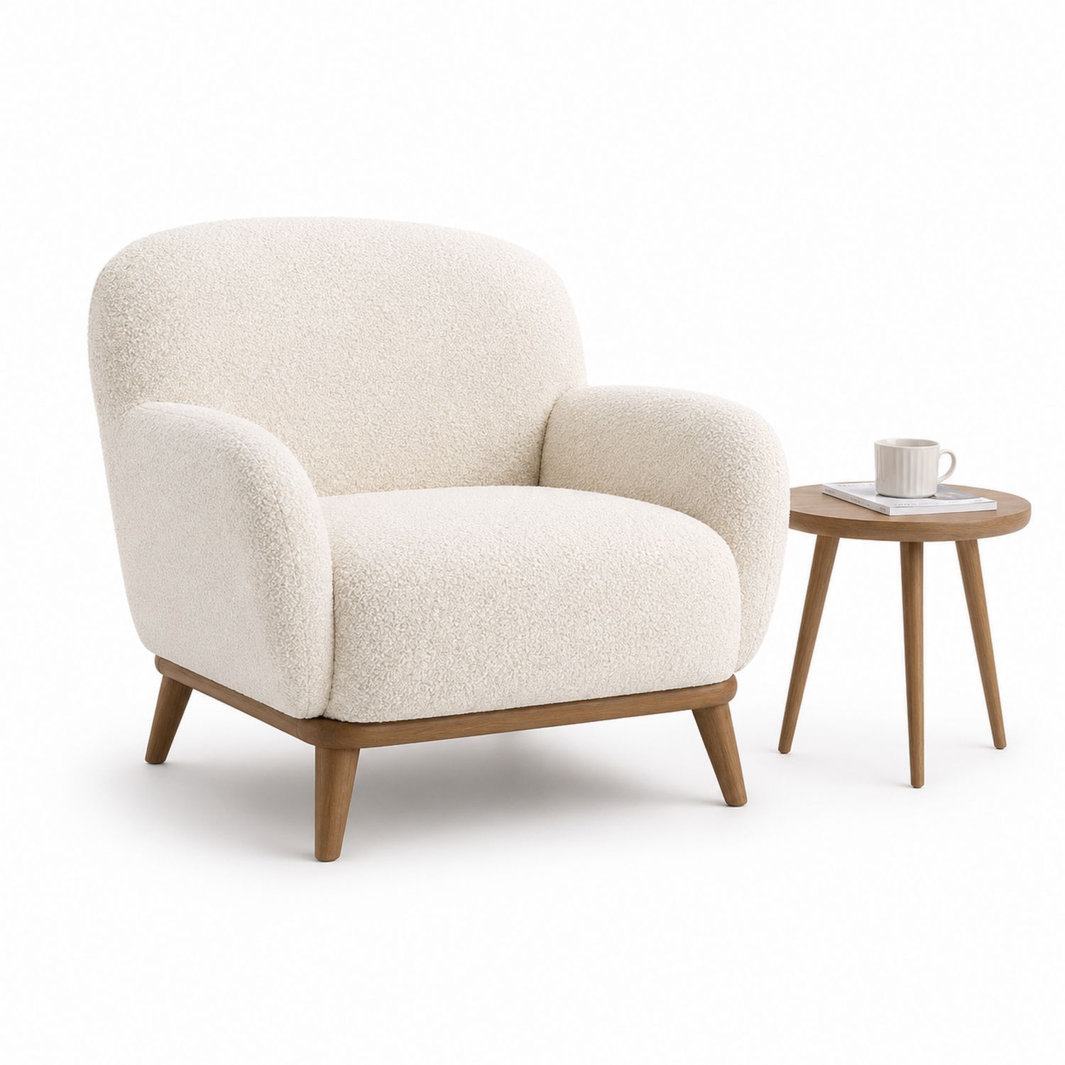 Set poltrona in tessuto bouclé con tavolino in legno massello